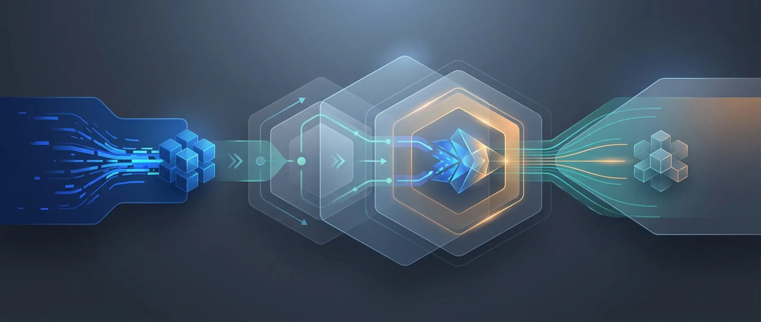 Data pipeline illustration with blue cubes flowing into hexagonal processing stages and transforming into new cubes.