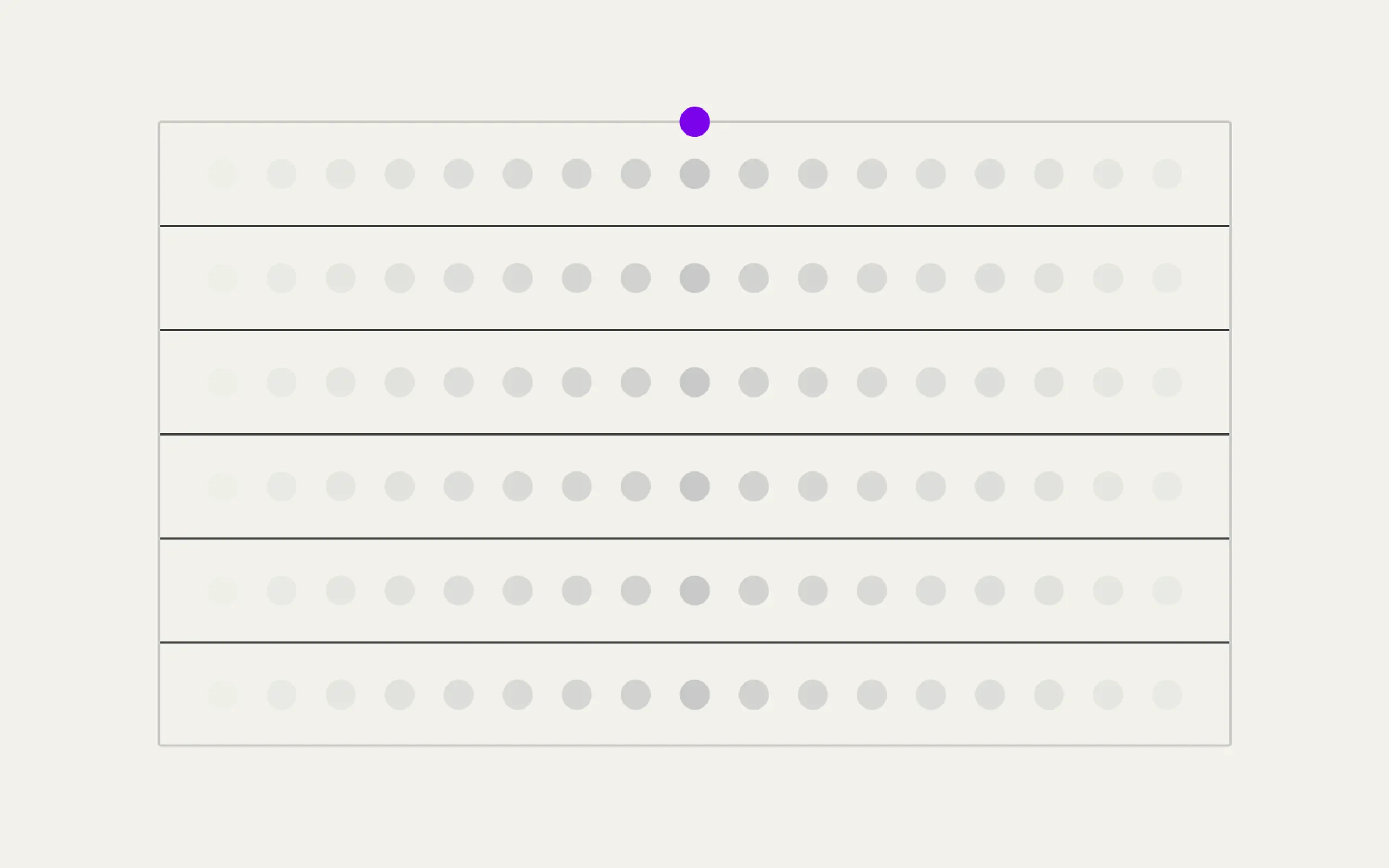 A grid of light grey dots with one purple dot in the top row.