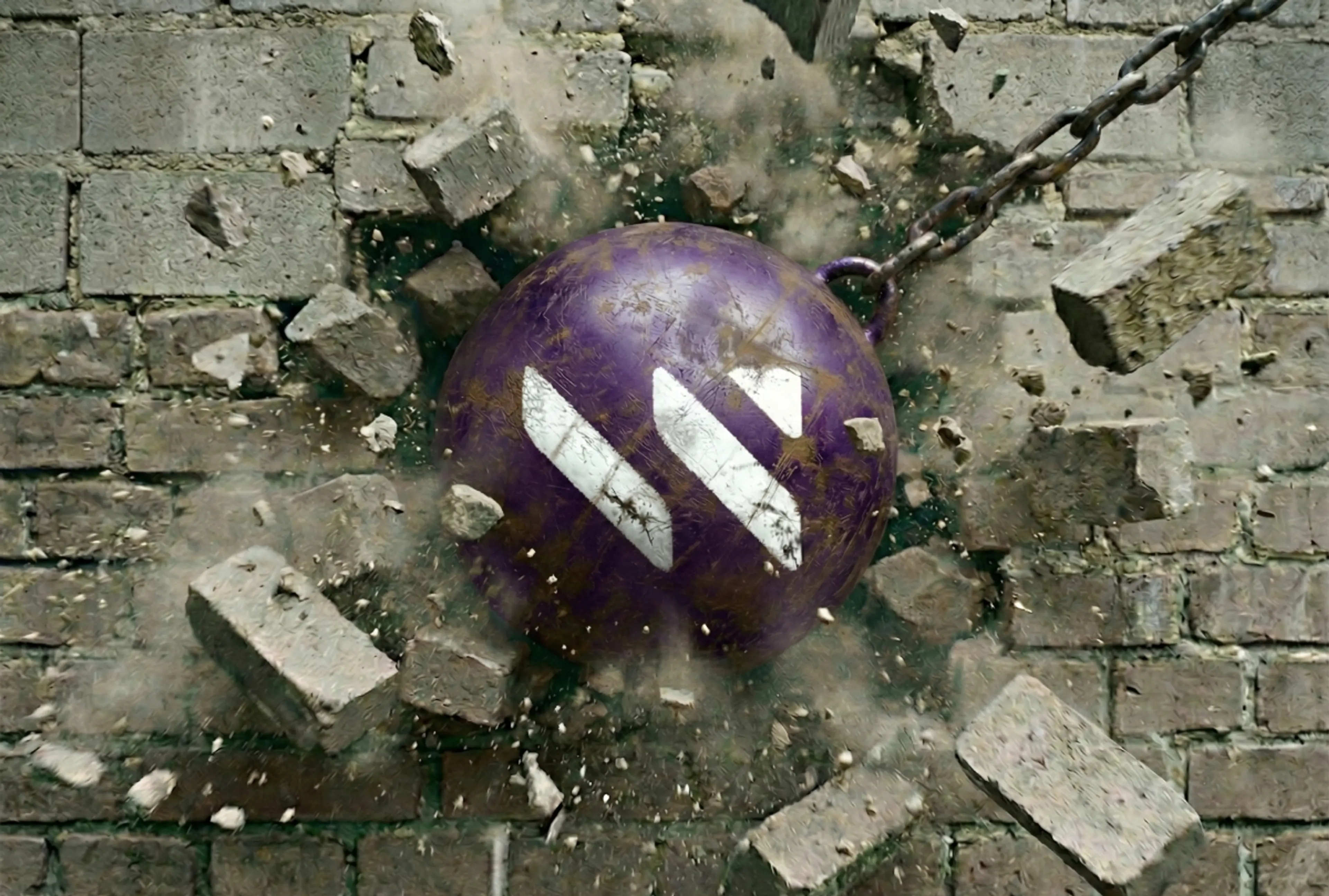 A dramatic photograph of a purple wrecking ball mid-impact, smashing through a brick wall. Debris and dust explode outward as the ball breaks through, with a heavy chain visible above it. The WEKA logo appears on the face of the wrecking ball. The image conveys disruption, force, and breaking through barriers.