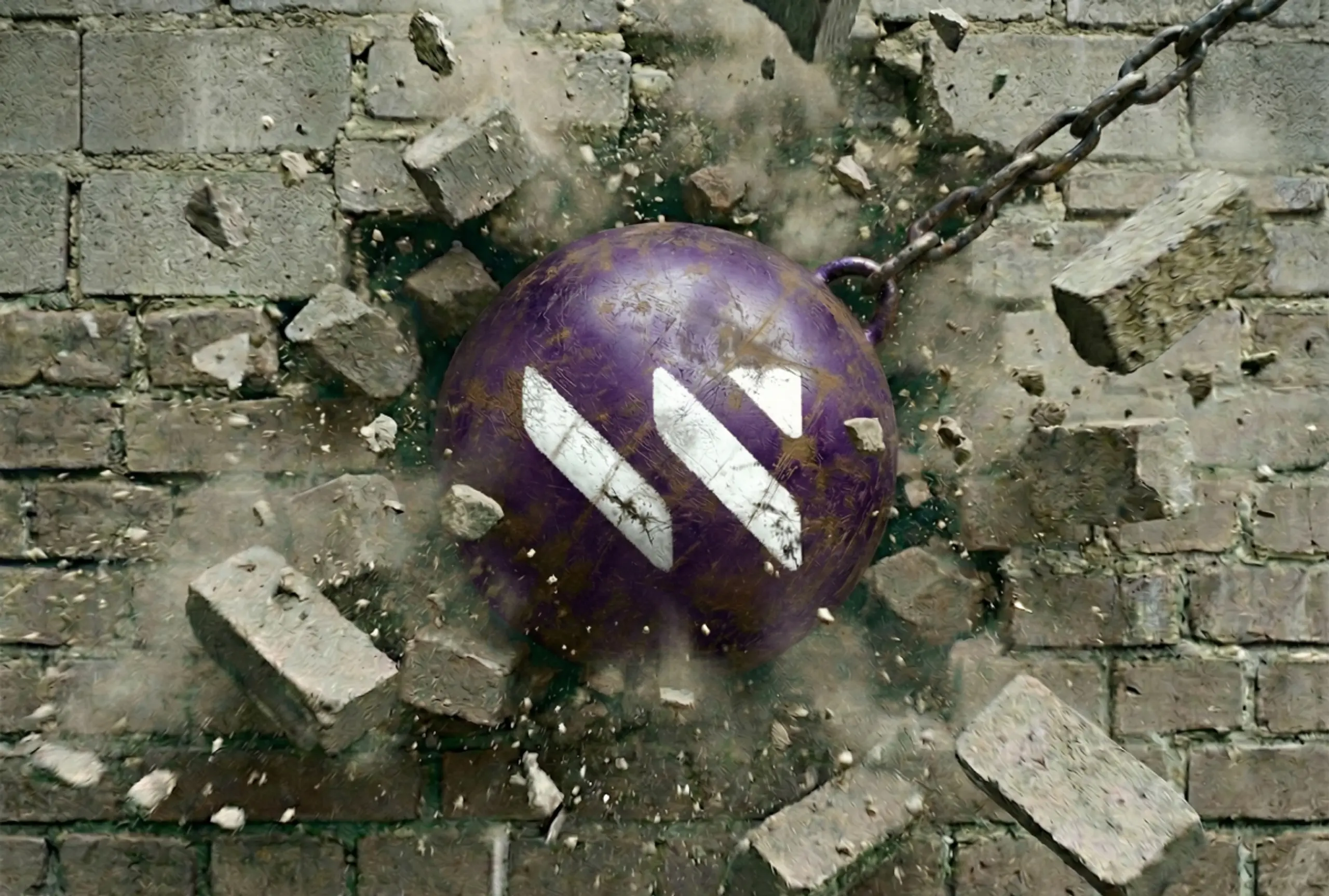 A dramatic photograph of a purple wrecking ball mid-impact, smashing through a brick wall. Debris and dust explode outward as the ball breaks through, with a heavy chain visible above it. The WEKA logo appears on the face of the wrecking ball. The image conveys disruption, force, and breaking through barriers.