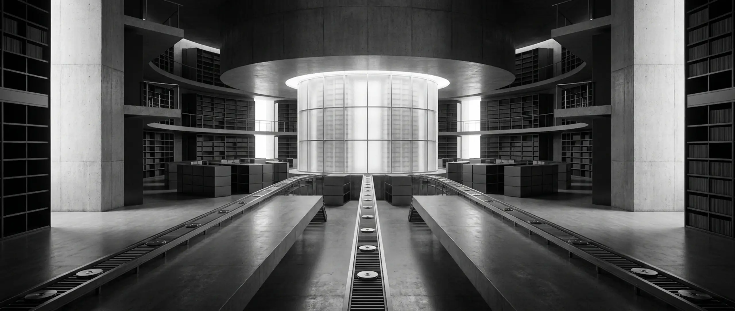 Monochrome image of a futuristic, multi-level library with a glowing central core, surrounded by bookshelves and conveyor belts carrying discs.