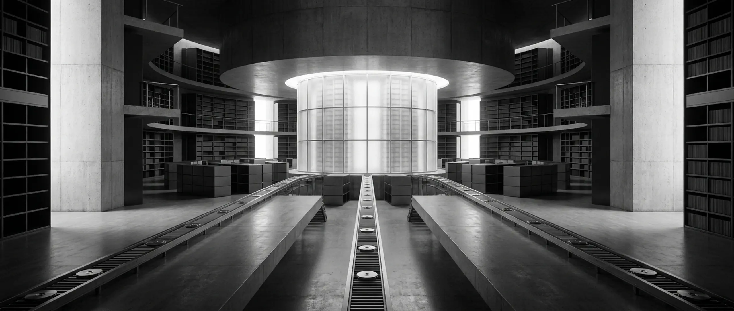 Monochrome image of a futuristic, multi-level library with a glowing central core, surrounded by bookshelves and conveyor belts carrying discs.