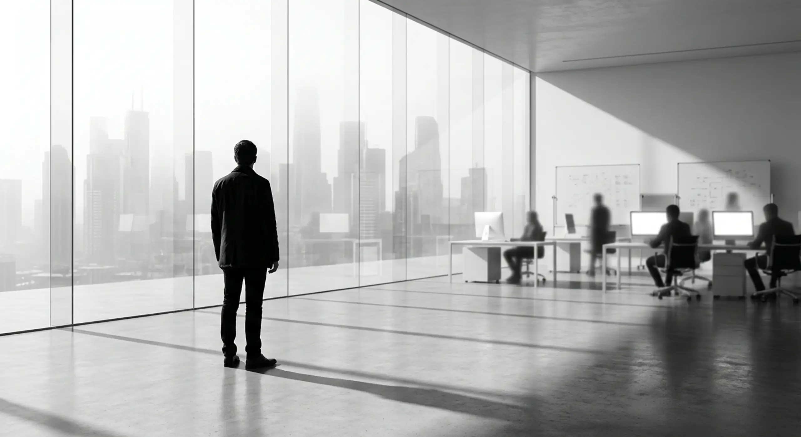 Black and white image of a man looking out an office window at a city skyline, with blurred coworkers at desks in the background.