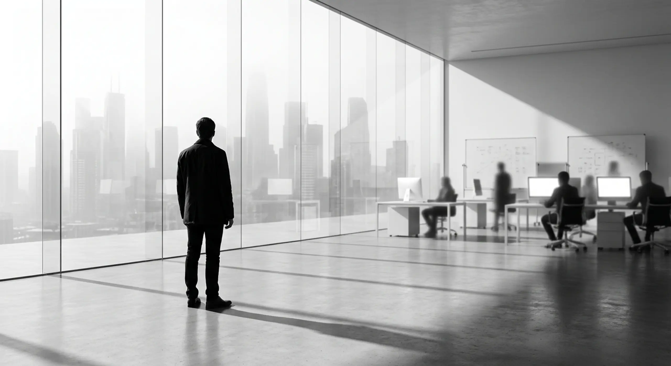 Black and white image of a man looking out an office window at a city skyline, with blurred coworkers at desks in the background.