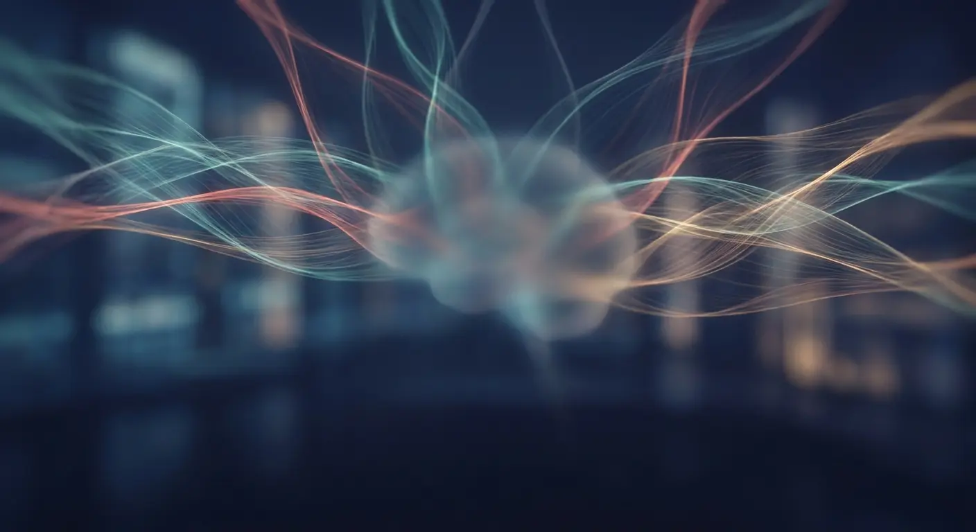 Abstract glowing brain shape formed by intertwining teal, orange, and gold lines.
