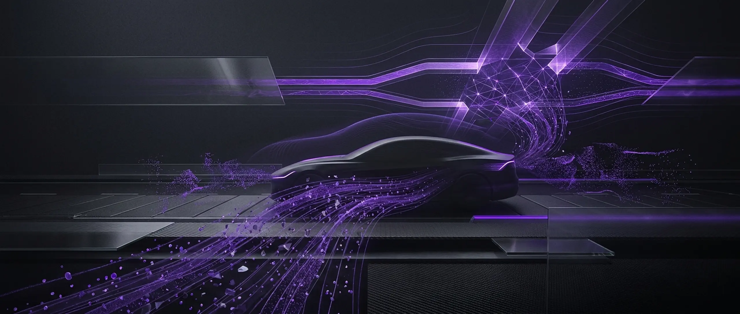 Dark car silhouette surrounded by purple energy streams and futuristic digital patterns.