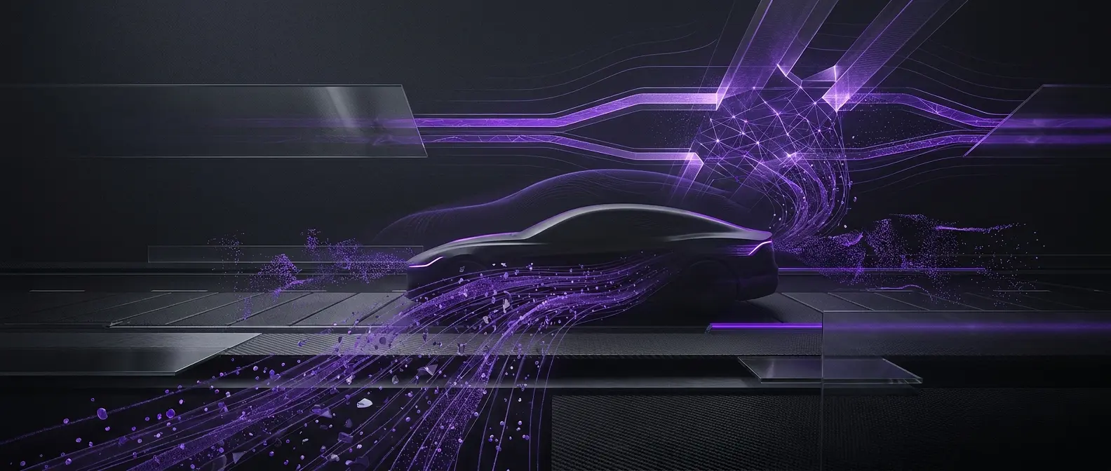 Dark car silhouette surrounded by purple energy streams and futuristic digital patterns.