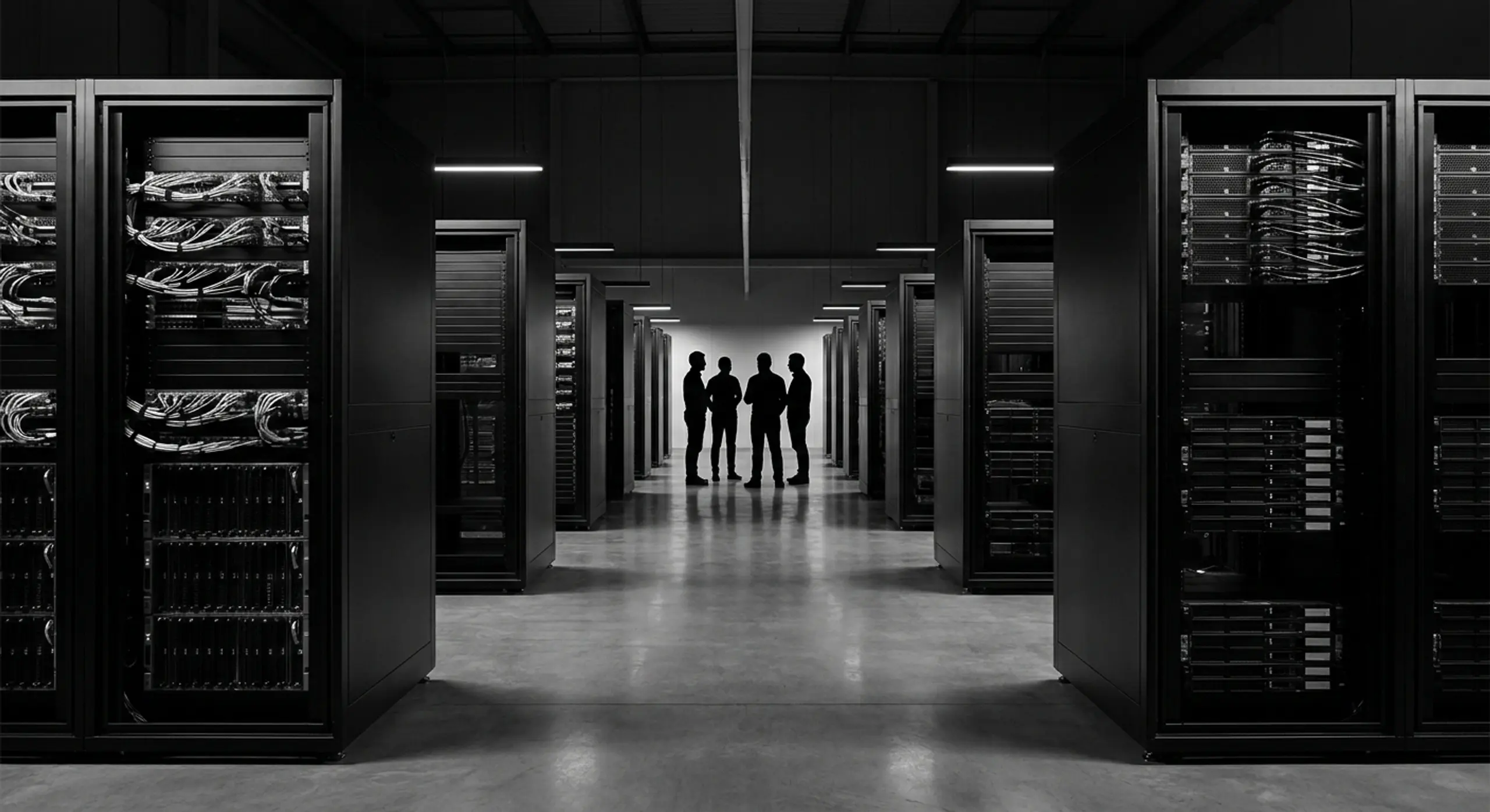 Black and white image of four silhouetted people in a data center with rows of server racks.