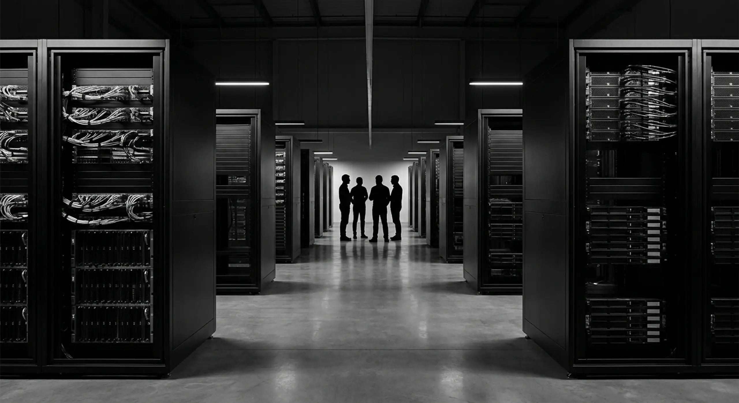 Black and white image of four silhouetted people in a data center with rows of server racks.