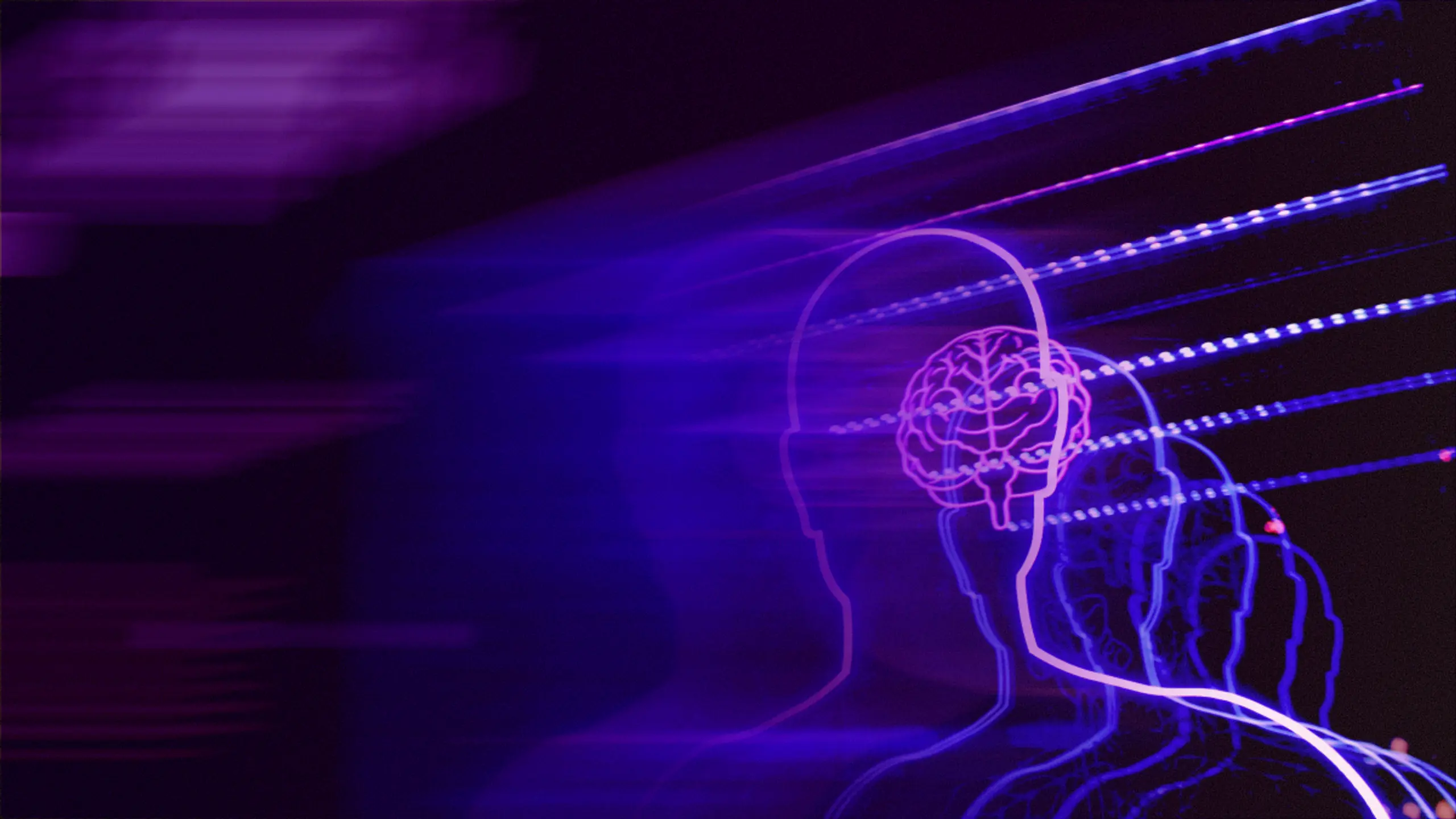 Glowing outlines of human heads with a visible brain, surrounded by purple and blue light streaks.
