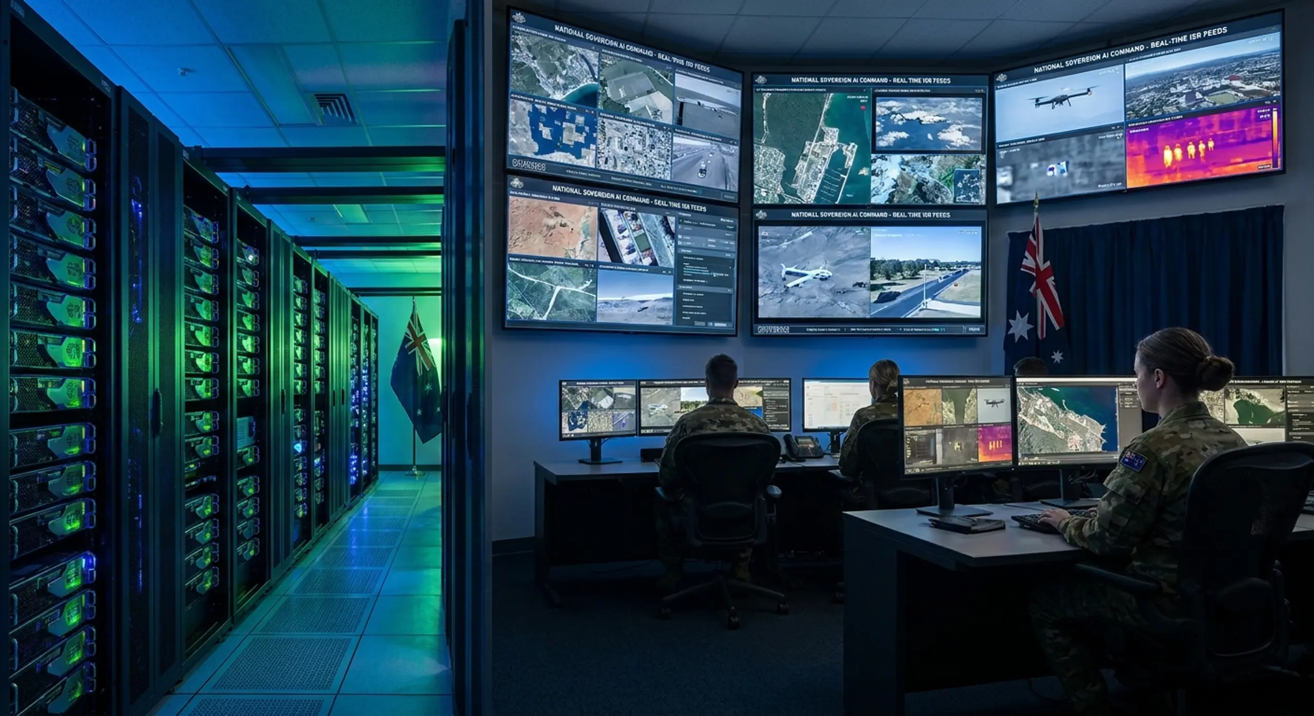 Military personnel monitor surveillance screens in a control room adjacent to a glowing server room.