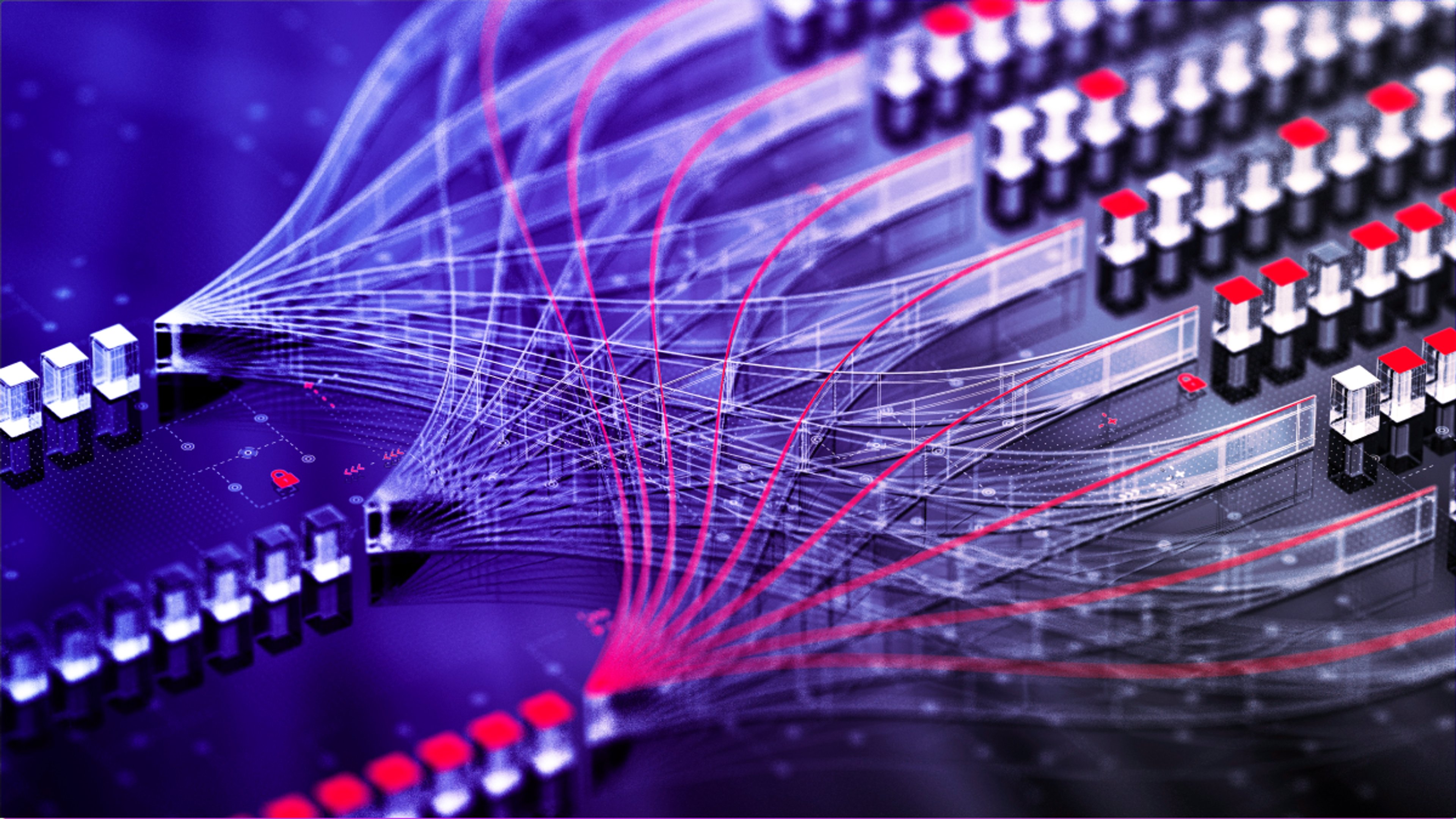 Abstract image of glowing blue and red data streams connecting components on a dark circuit board.