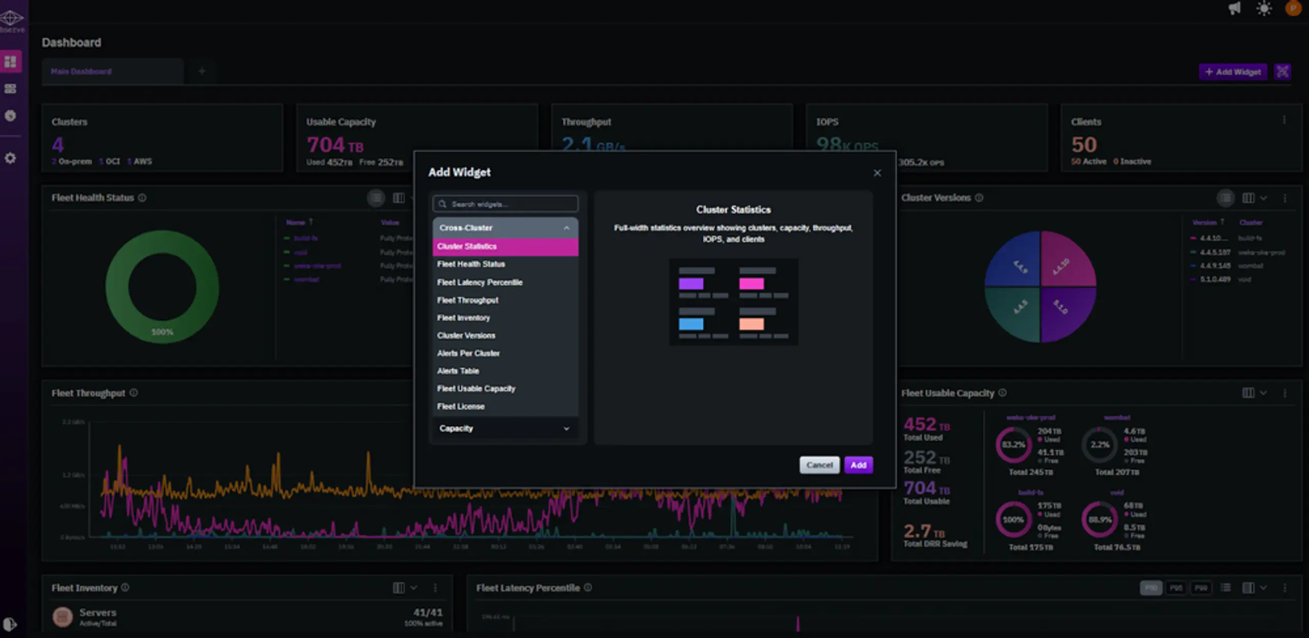 Screenshot of the WEKA Observe dashboard customization panel, showing controls for adding, removing, and rearranging dashboard panels to create a personalized metrics layout.