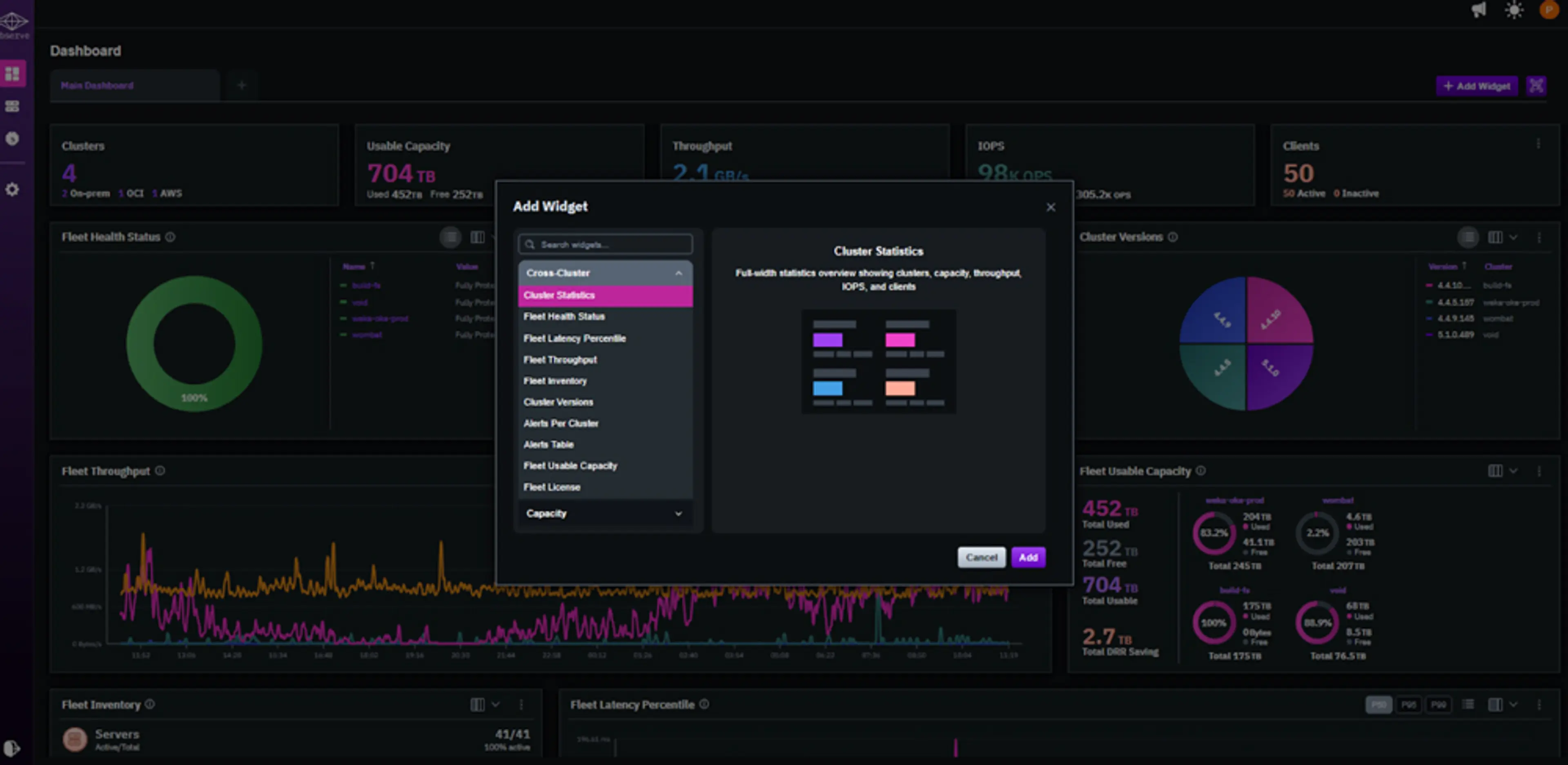 Screenshot of the WEKA Observe dashboard customization panel, showing controls for adding, removing, and rearranging dashboard panels to create a personalized metrics layout.