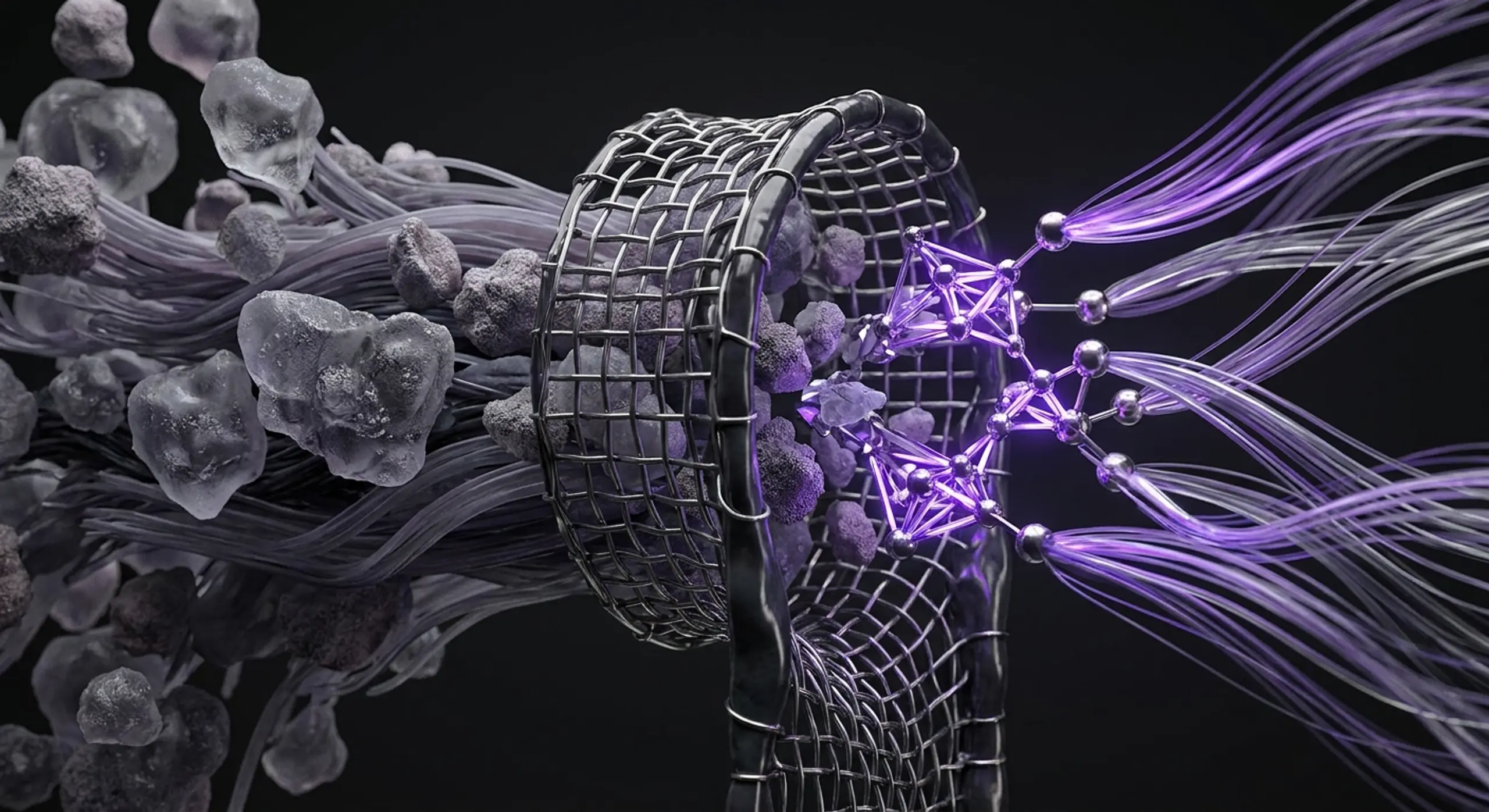 Abstract image of dark particles and fibers entering a mesh, transforming into glowing purple structures and light strands.