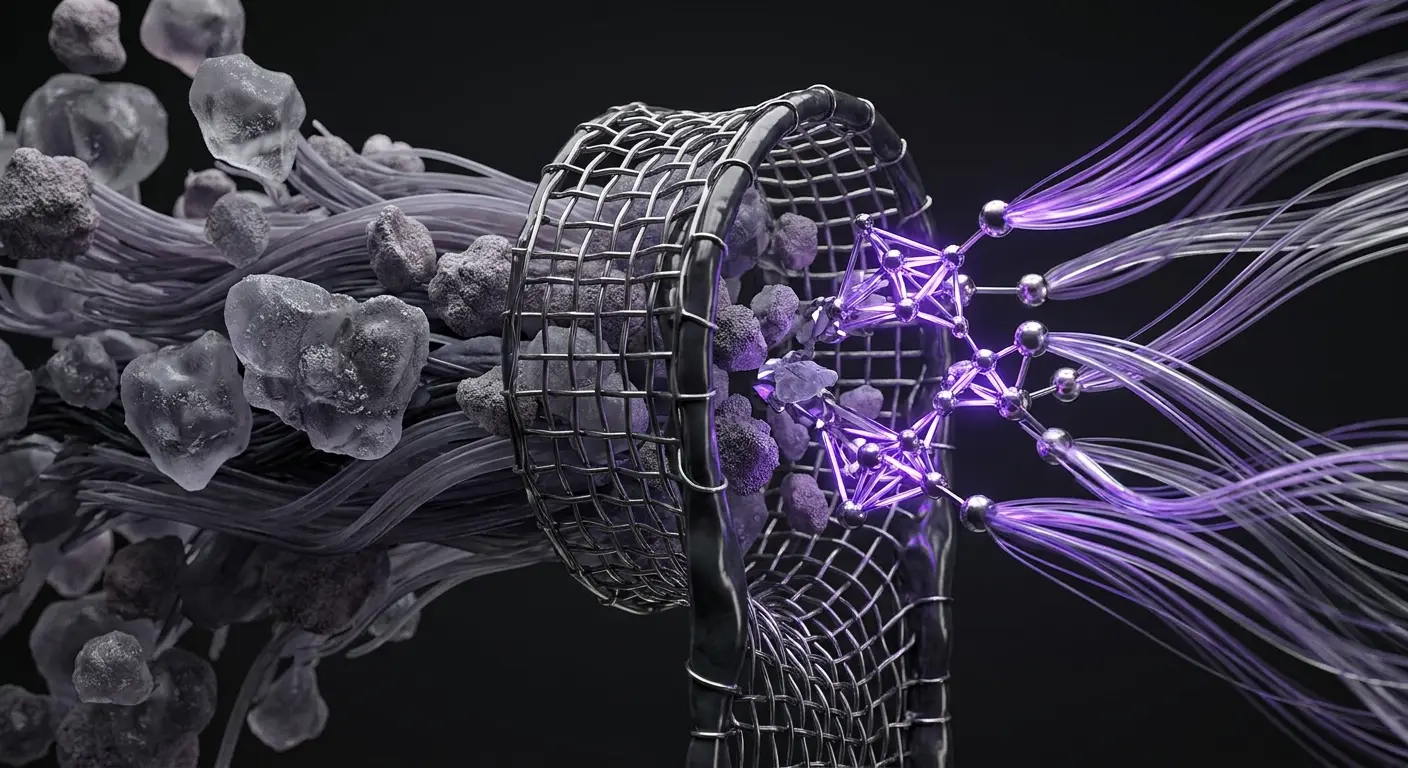 Abstract image of dark particles and fibers entering a mesh, transforming into glowing purple structures and light strands.