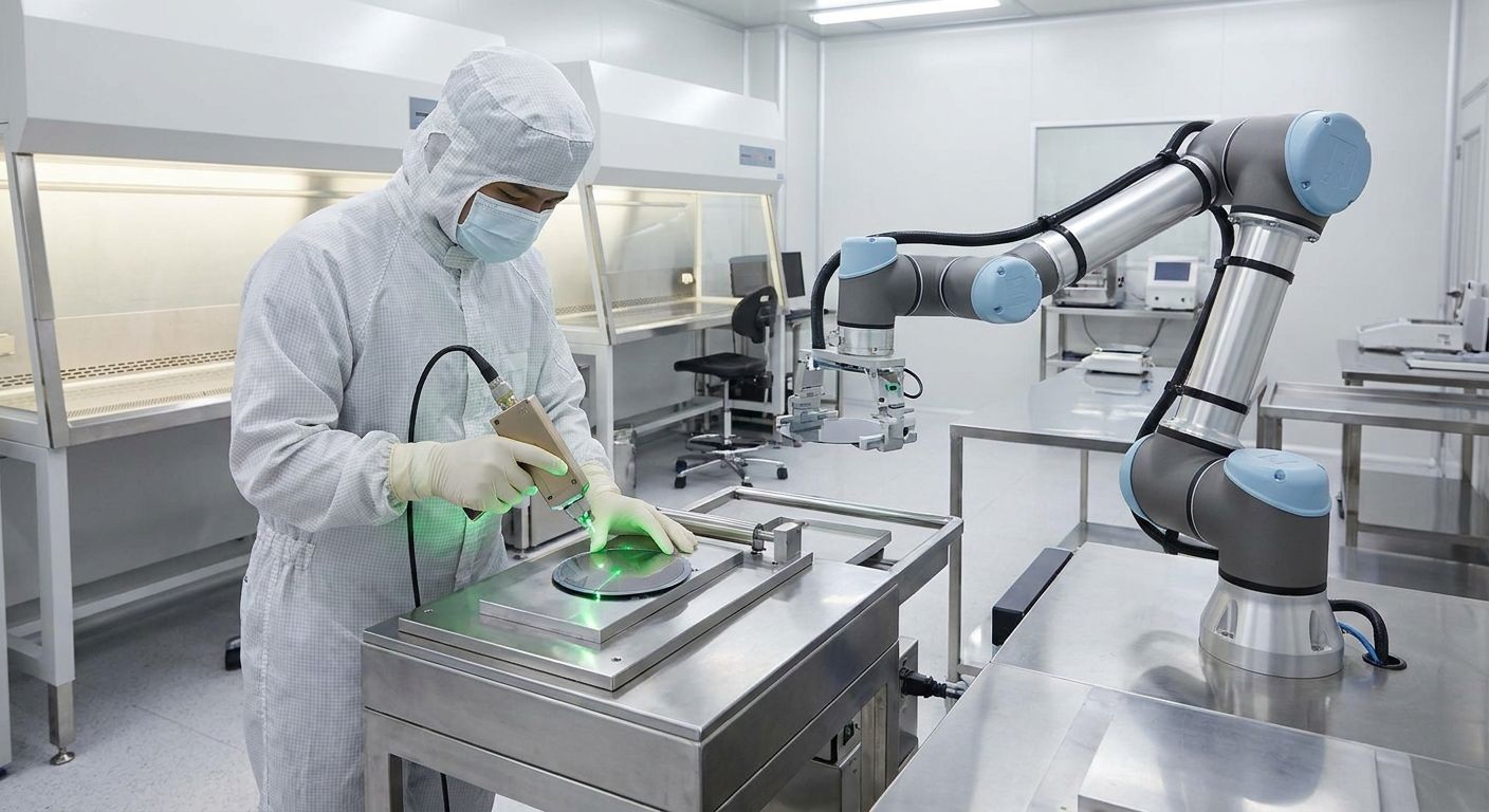 A person in a cleanroom suit uses a green laser to work on a wafer, next to a robotic arm.