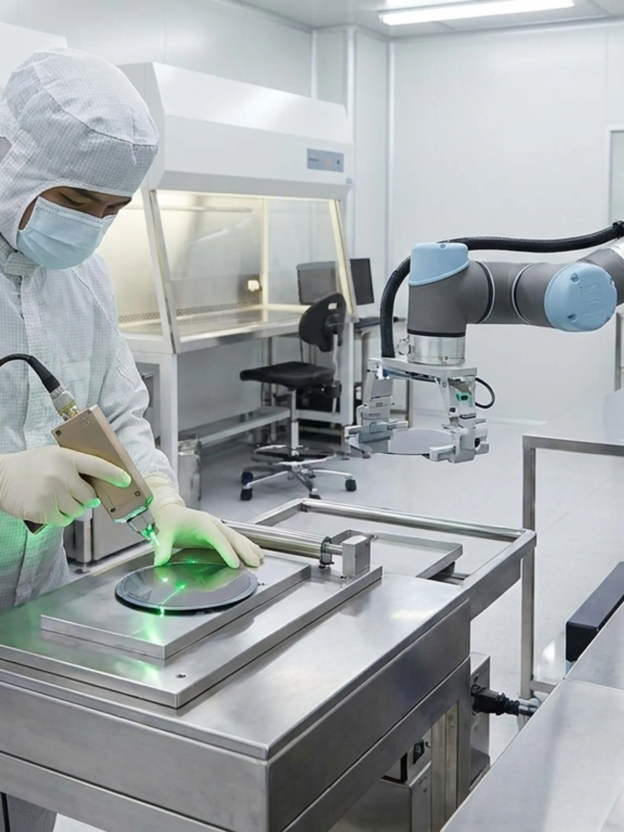 A person in a cleanroom suit uses a green laser to work on a wafer, next to a robotic arm.