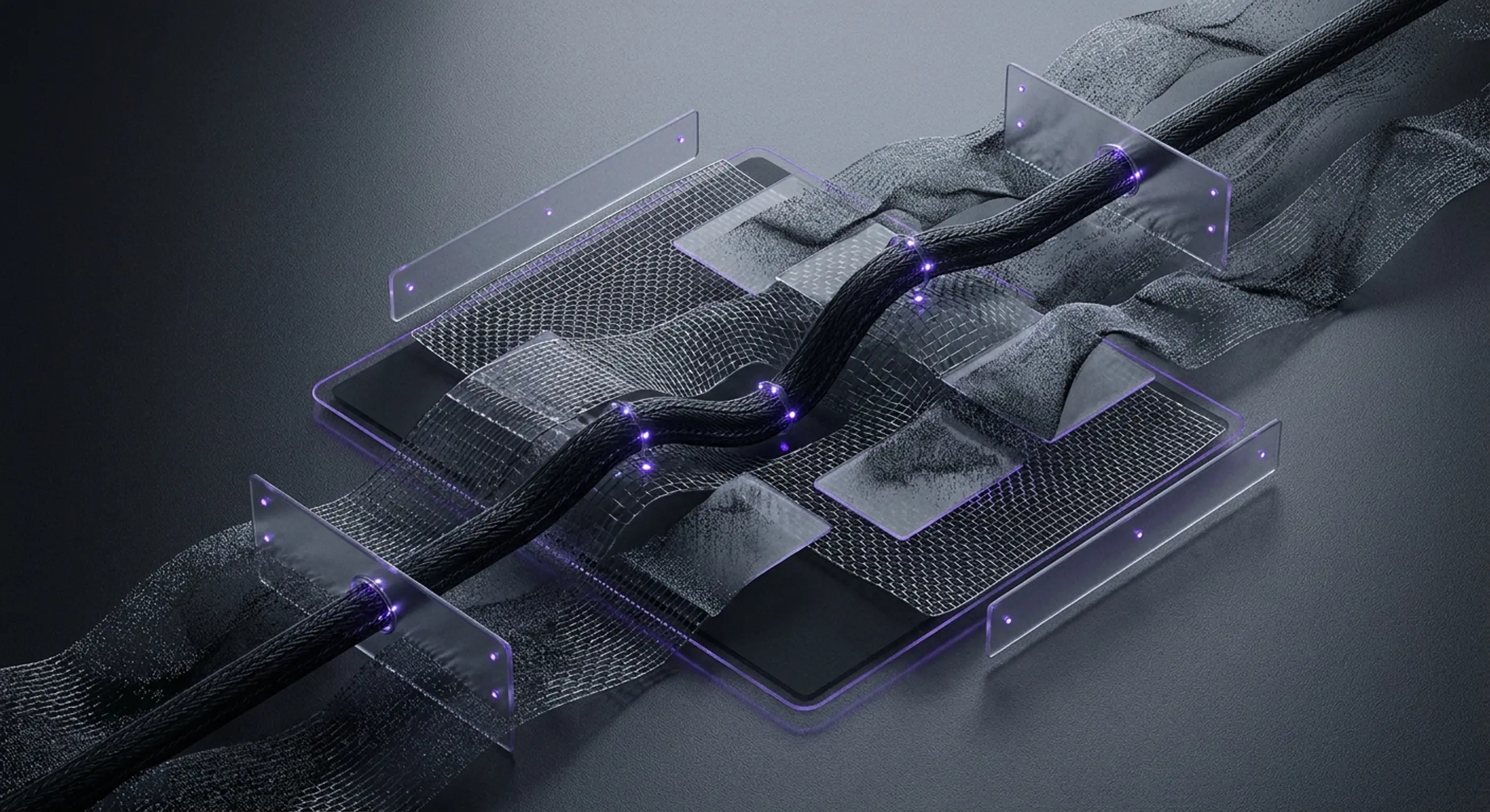 Dark braided cable with glowing purple lights on a layered surface of dark textures and clear panels.