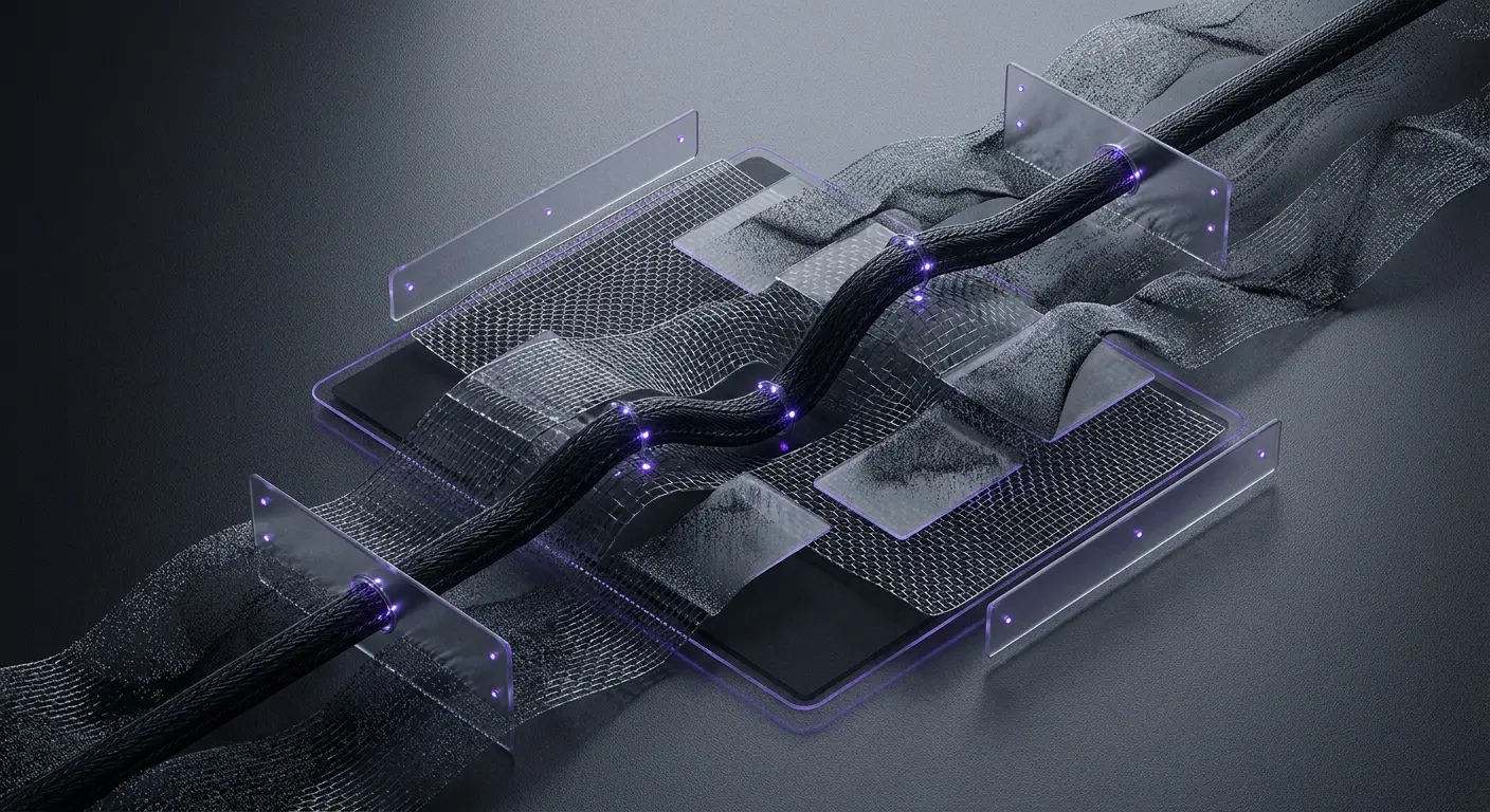 Dark braided cable with glowing purple lights on a layered surface of dark textures and clear panels.