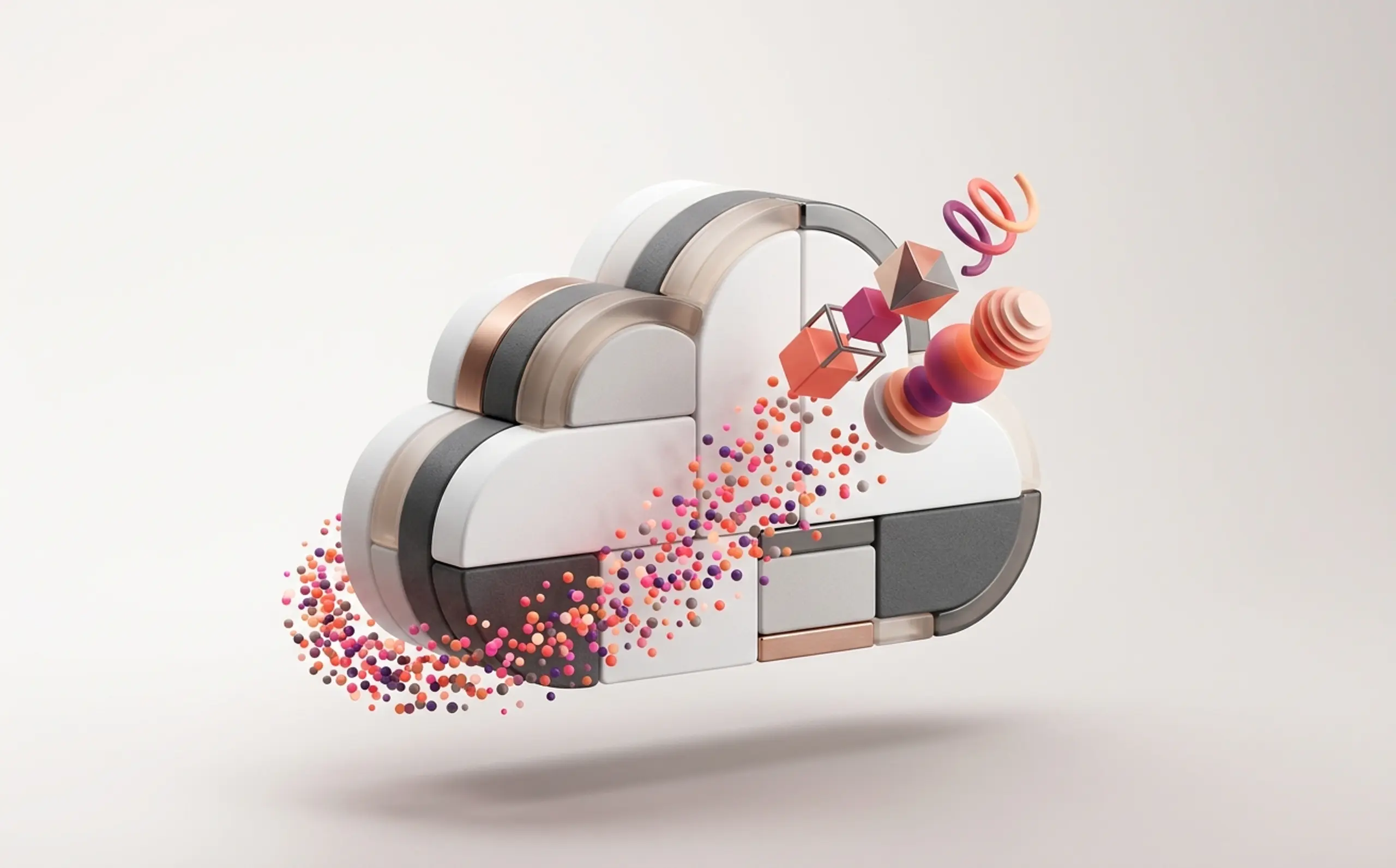 Modular cloud emitting colorful data and abstract shapes.