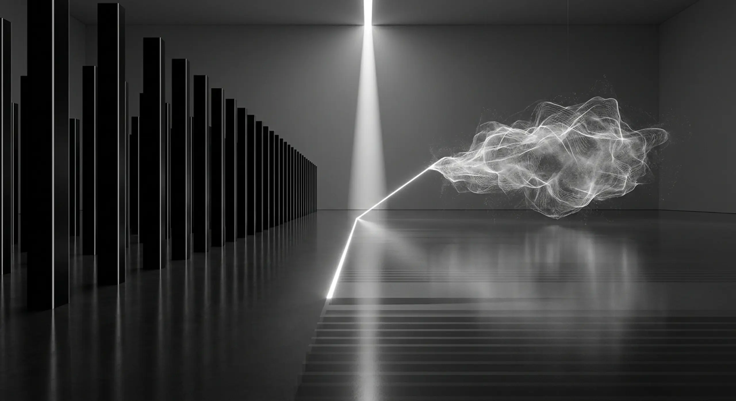 Monochromatic image with a row of black columns, a light beam, and a glowing line extending to a floating luminous cloud.