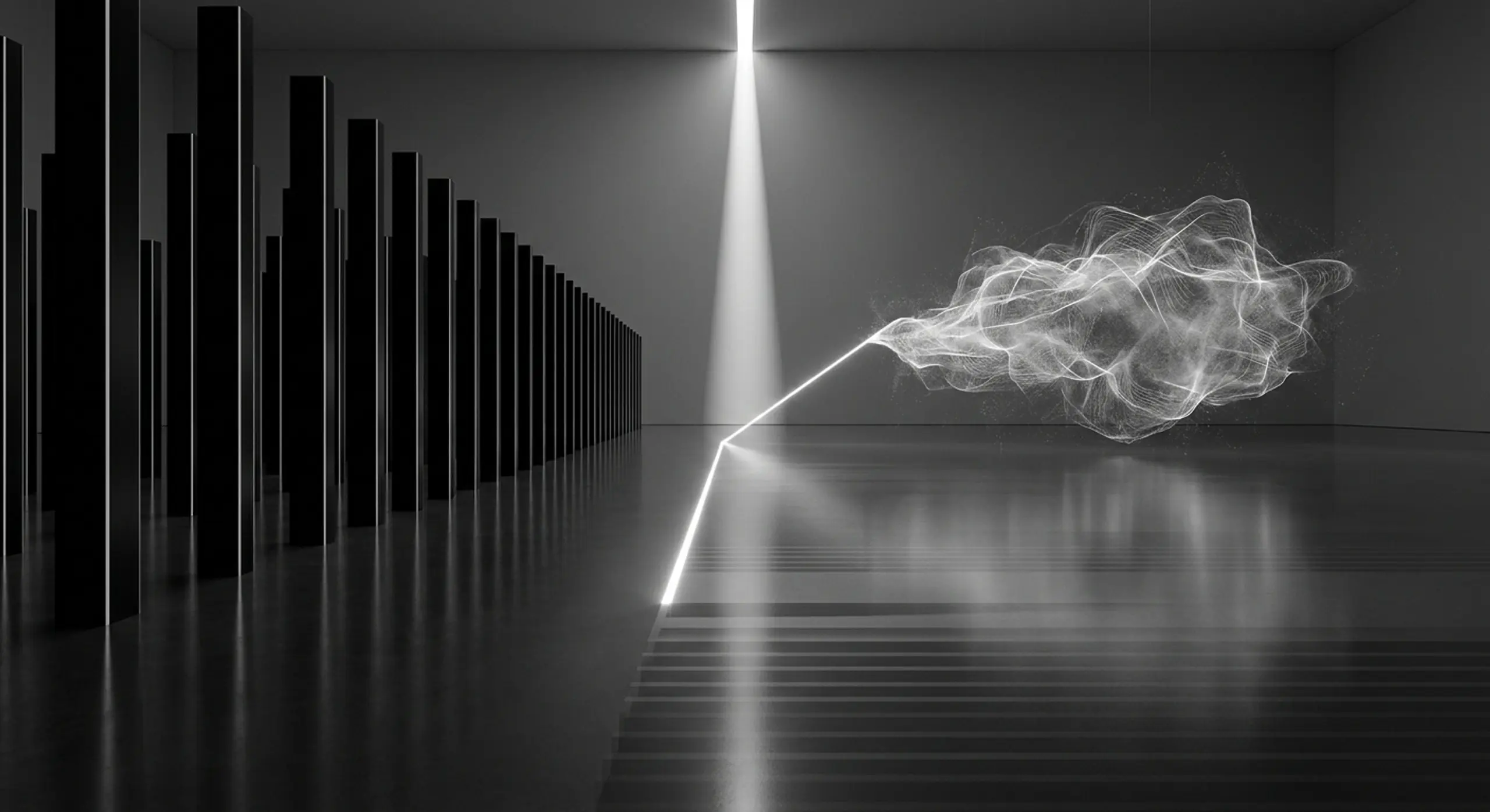 Monochromatic image with a row of black columns, a light beam, and a glowing line extending to a floating luminous cloud.