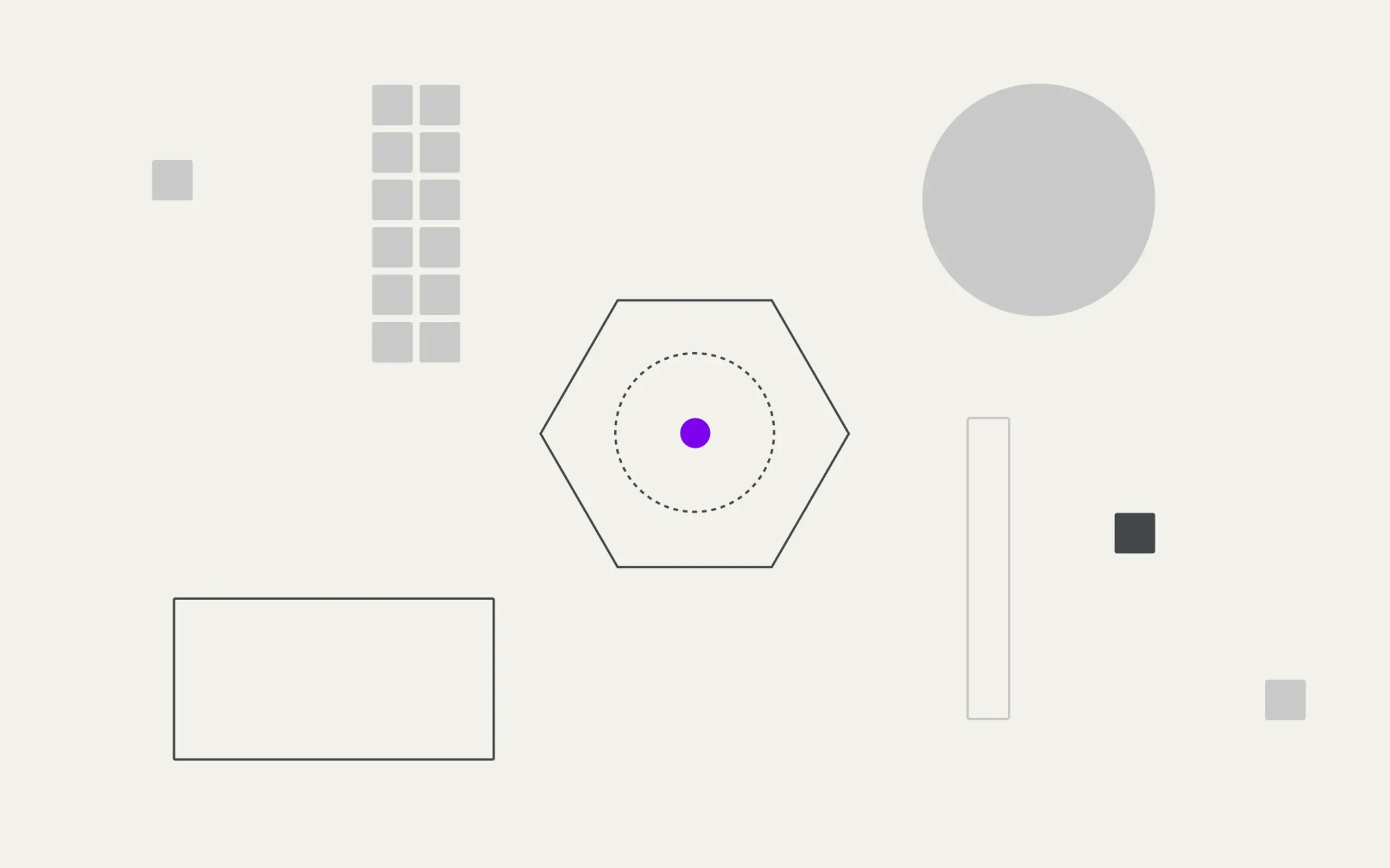 Geometric shapes on a light background, including a central hexagon with a purple dot, a grey circle, rectangles, and squares.