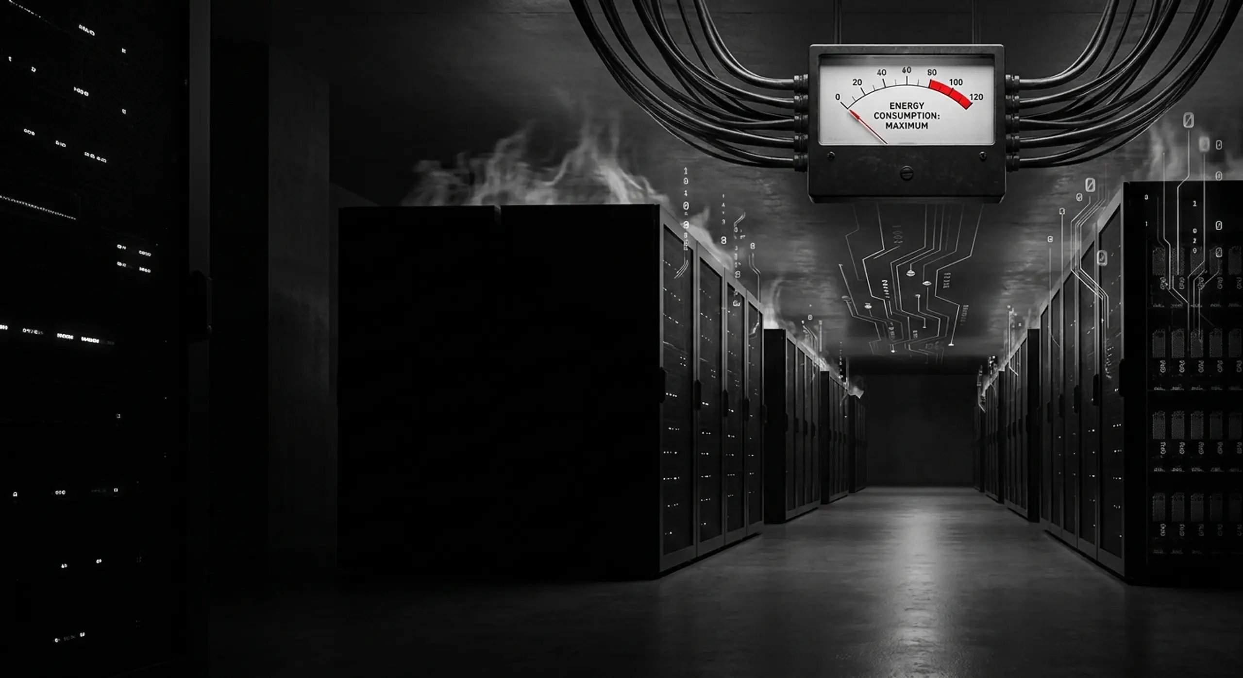 Dark data center with an overhead gauge showing "ENERGY CONSUMPTION MAXIMUM" in red, and mist rising from server racks.