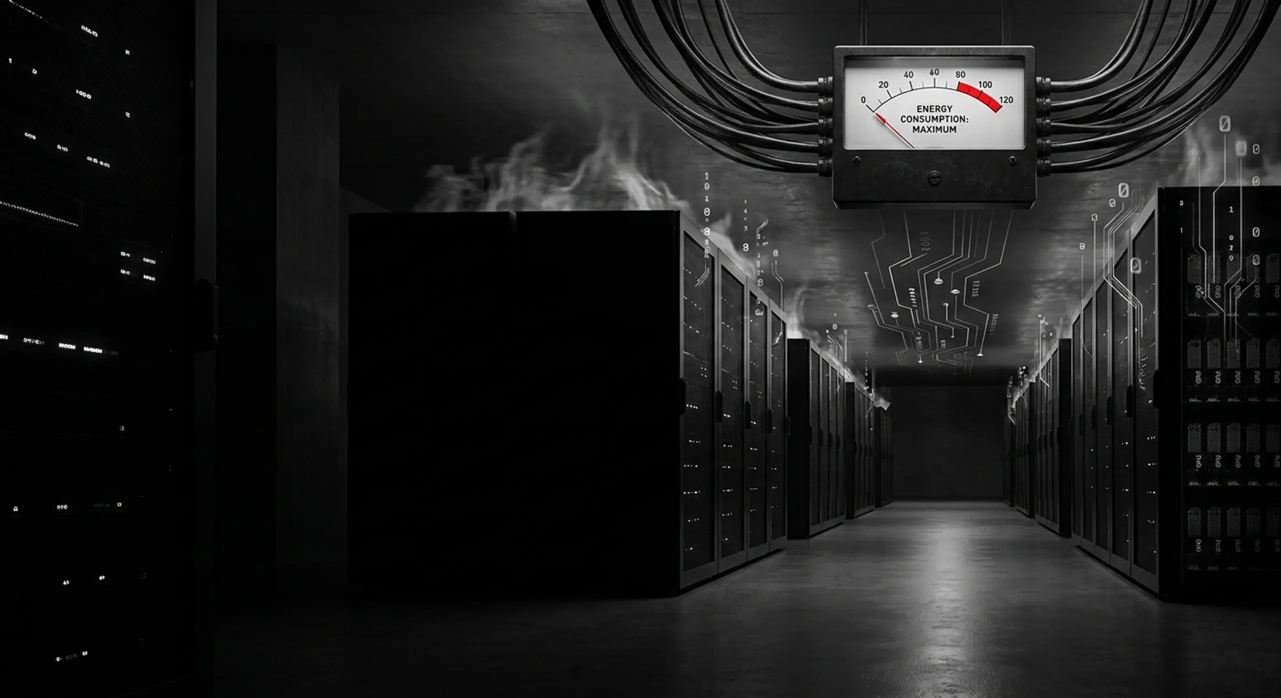 Dark data center with an overhead gauge showing "ENERGY CONSUMPTION MAXIMUM" in red, and mist rising from server racks.
