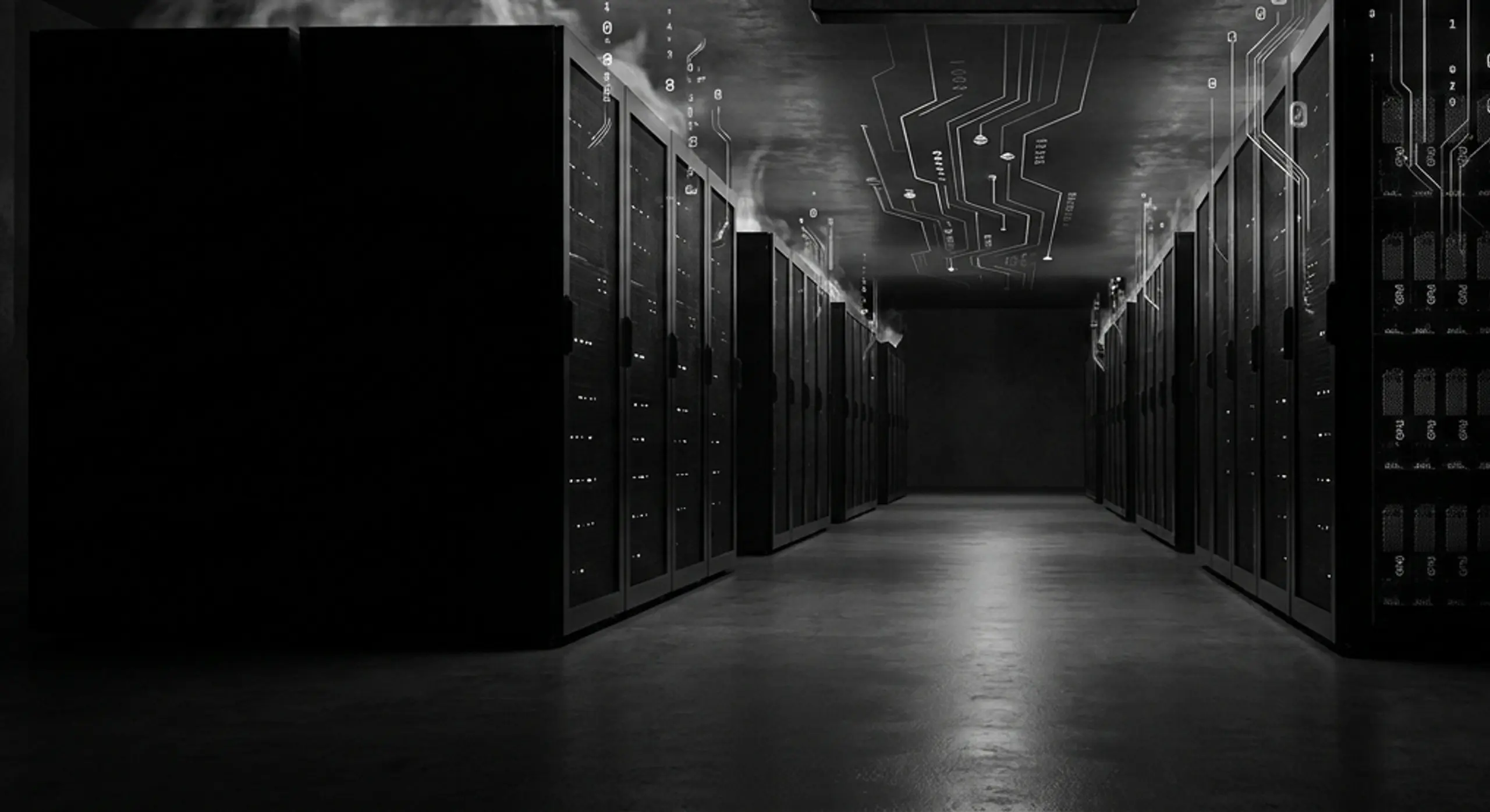 Dark data center with an overhead gauge showing "ENERGY CONSUMPTION MAXIMUM" in red, and mist rising from server racks.