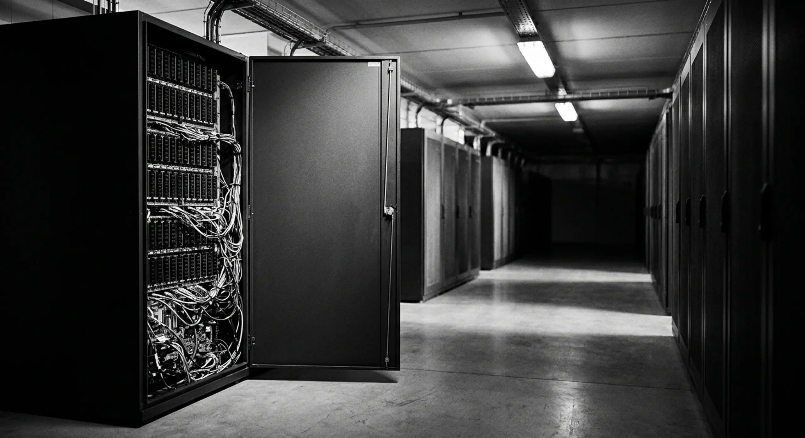 Black and white image of a data center with an open server rack and a long aisle of racks.