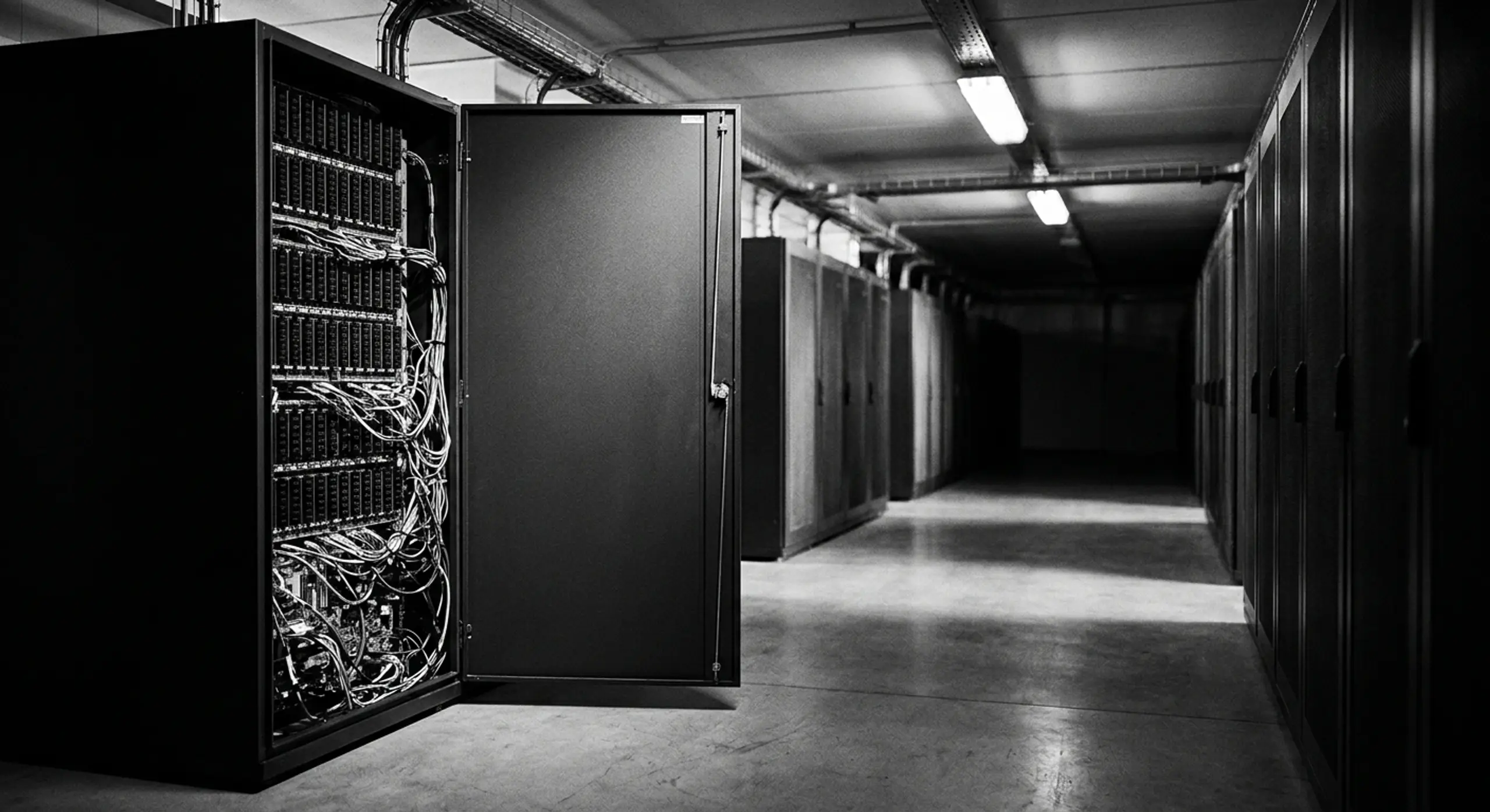 Black and white image of a data center with an open server rack and a long aisle of racks.