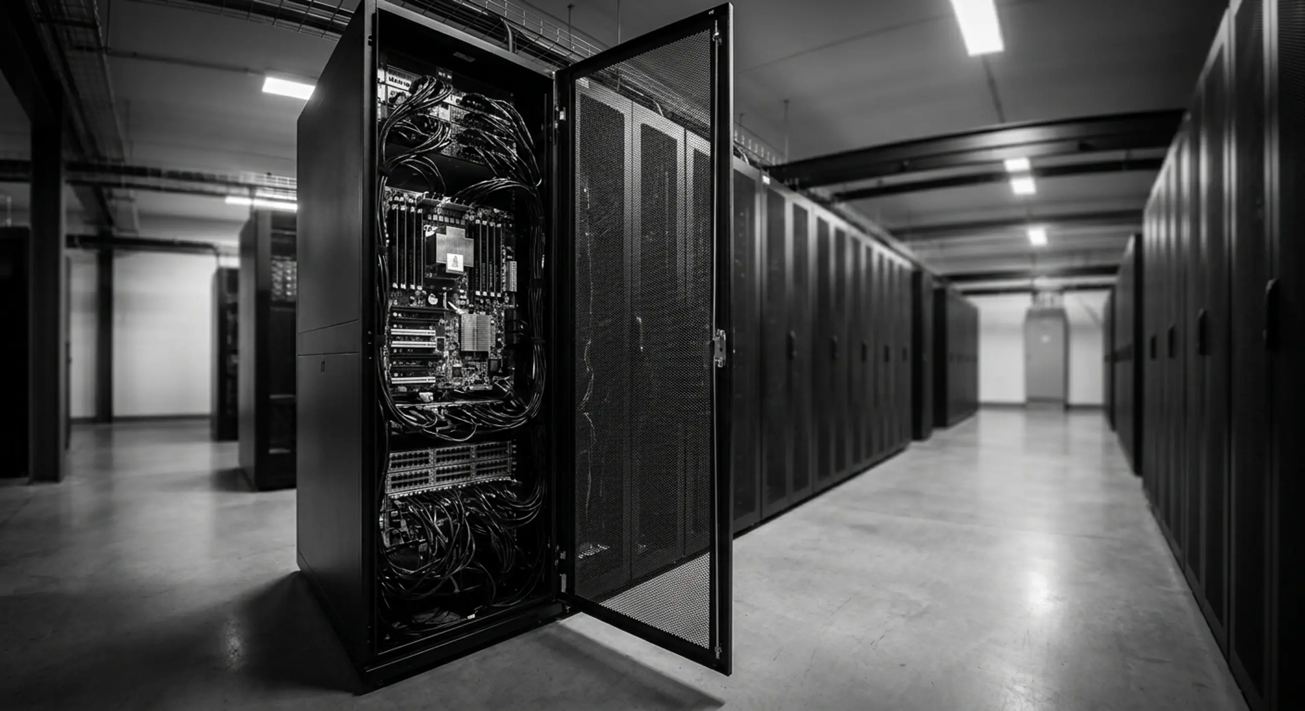 Black and white image of a data center with an open server rack revealing internal components and cables.