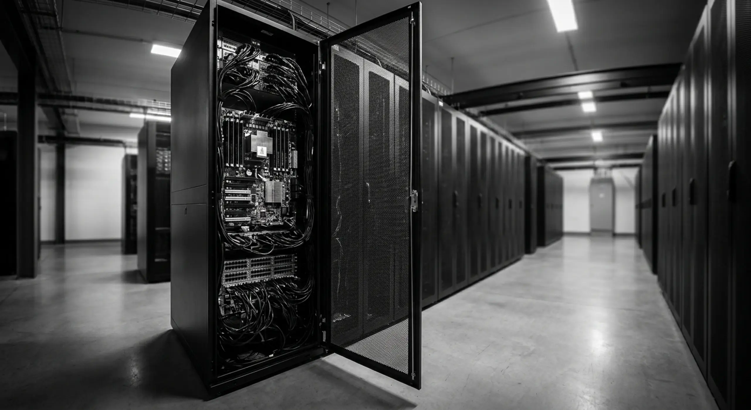 Black and white image of a data center with an open server rack revealing internal components and cables.