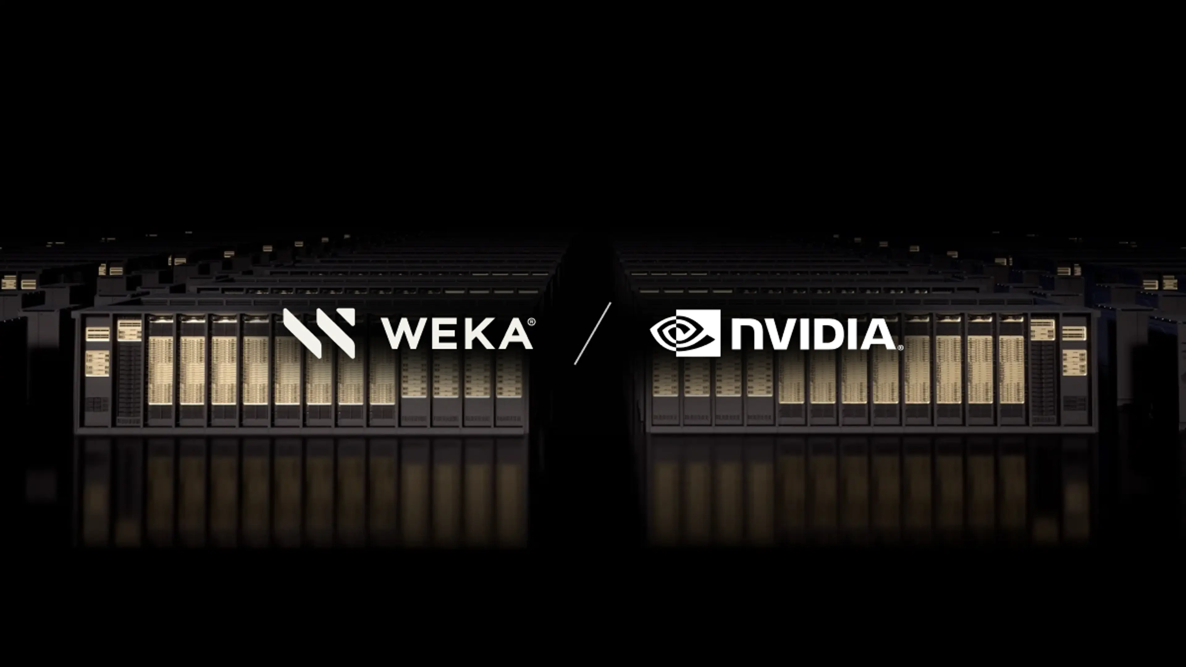 WEKA and NVIDIA logos displayed over rows of glowing server racks.