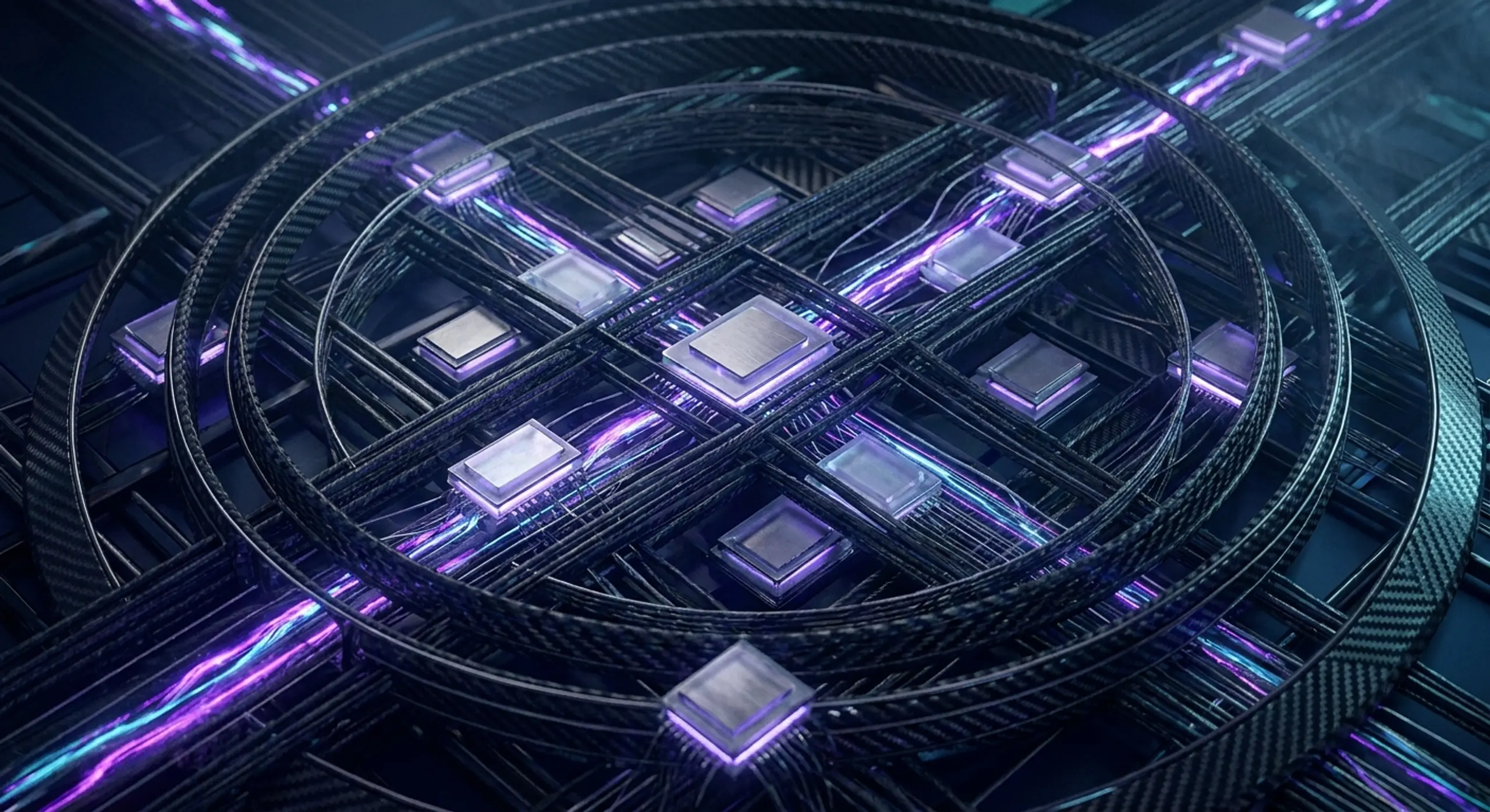 Intricate digital network with glowing purple and blue data lines connecting multiple processors.