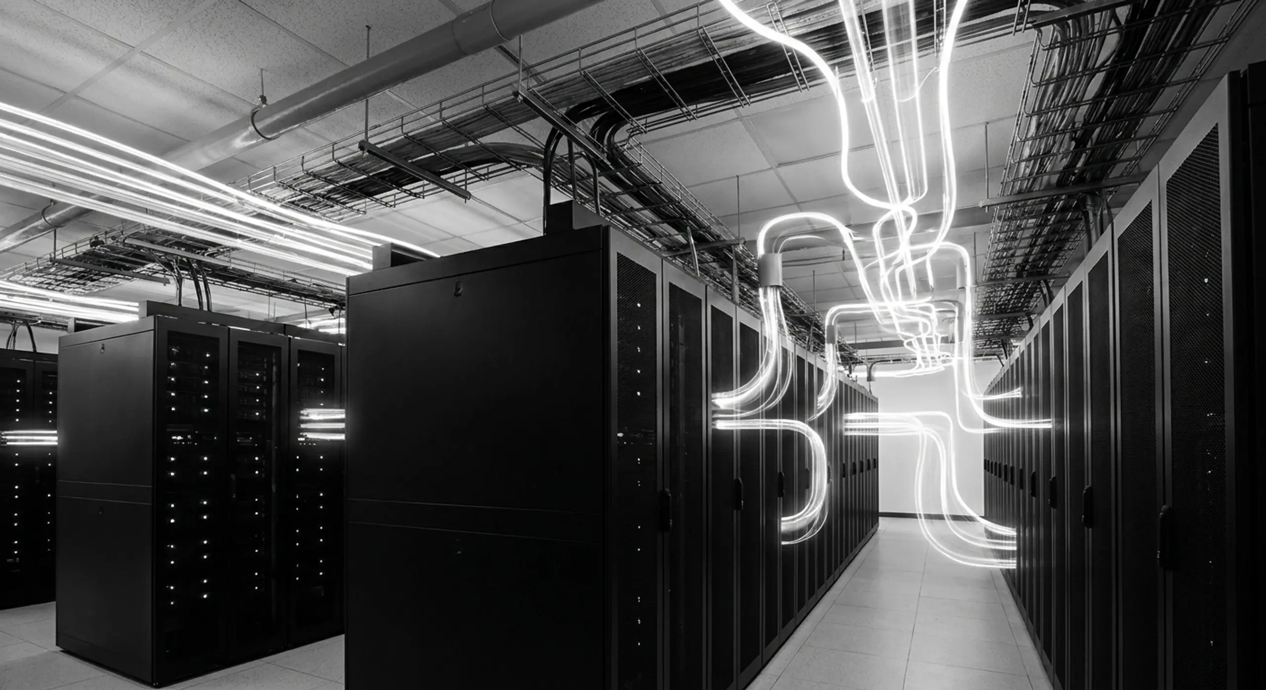 Monochrome data center with server racks and glowing lines representing data flow.