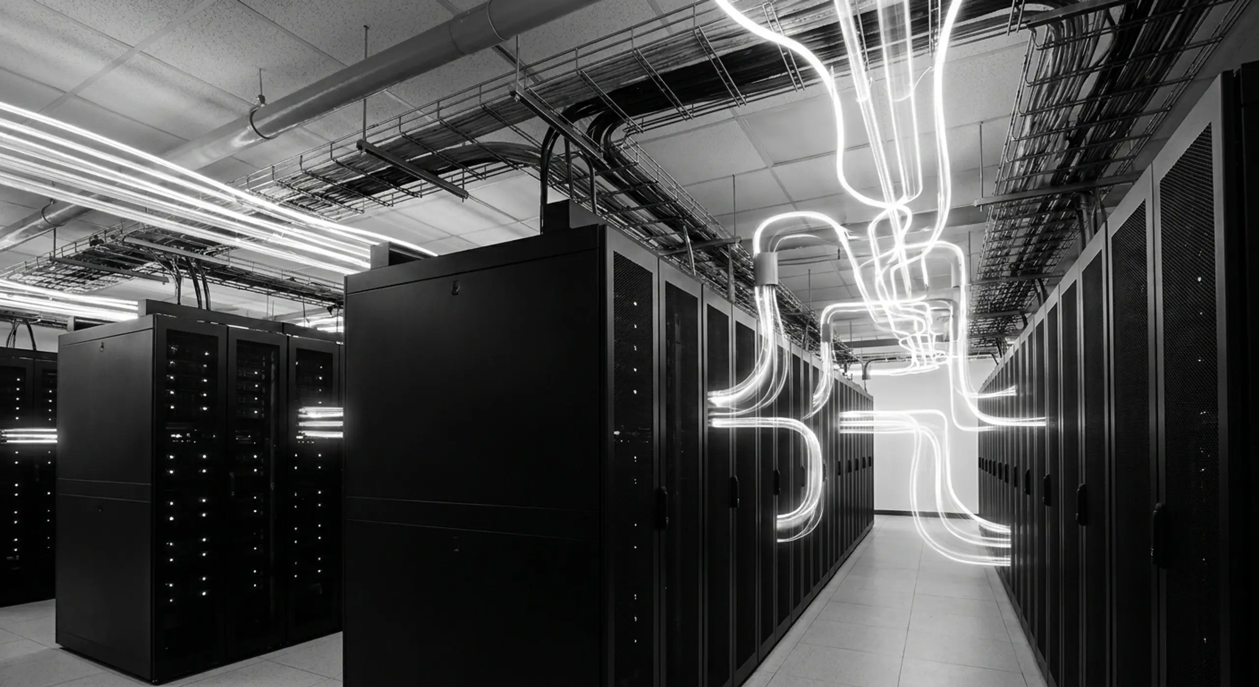 Monochrome data center with server racks and glowing lines representing data flow.