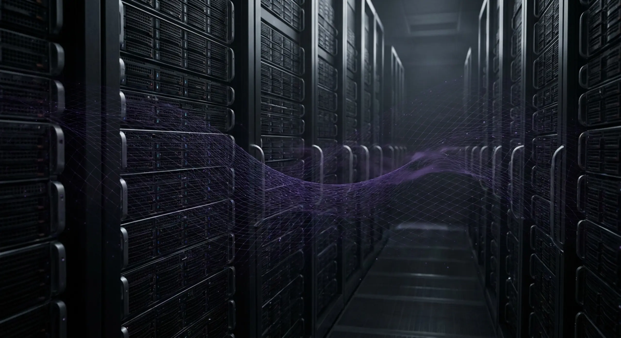 Data center server racks with a glowing purple data mesh.