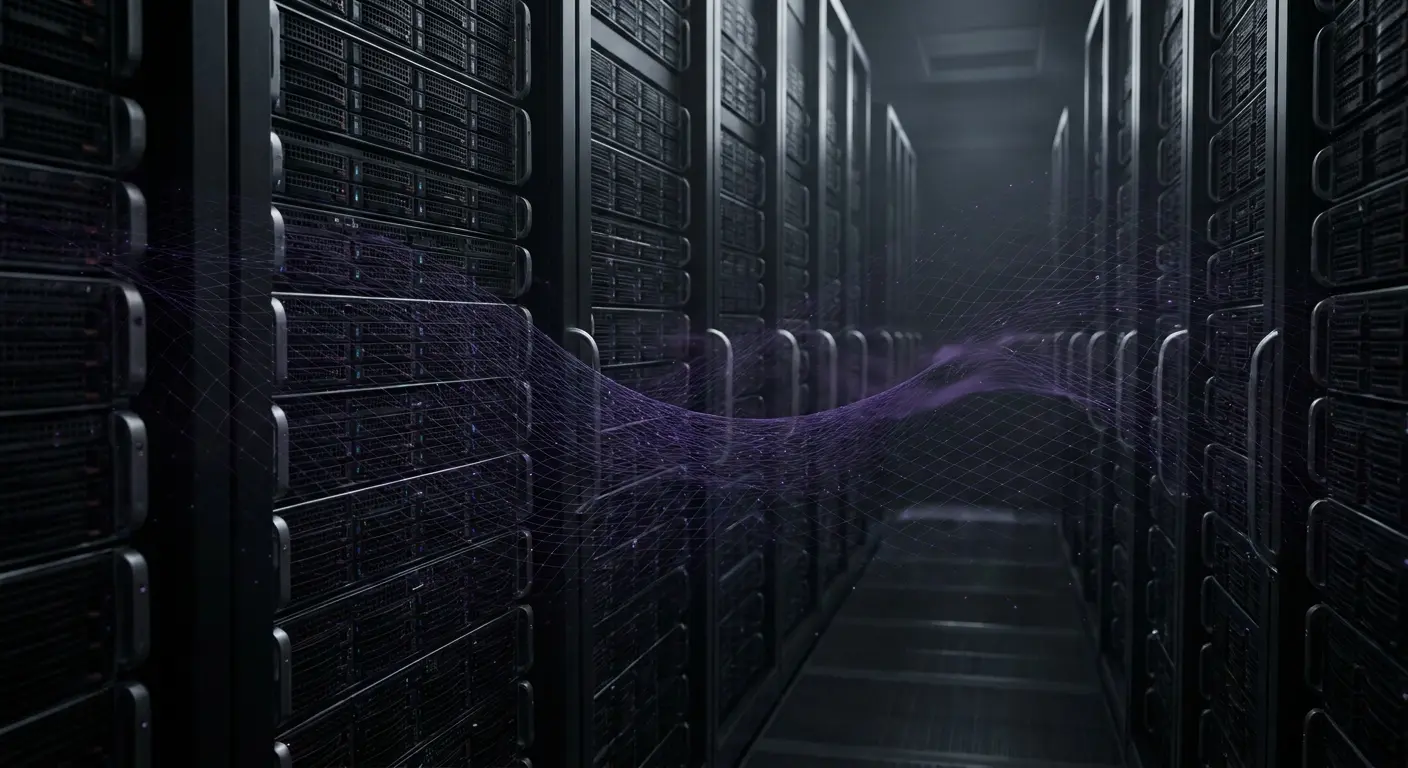 Data center server racks with a glowing purple data mesh.