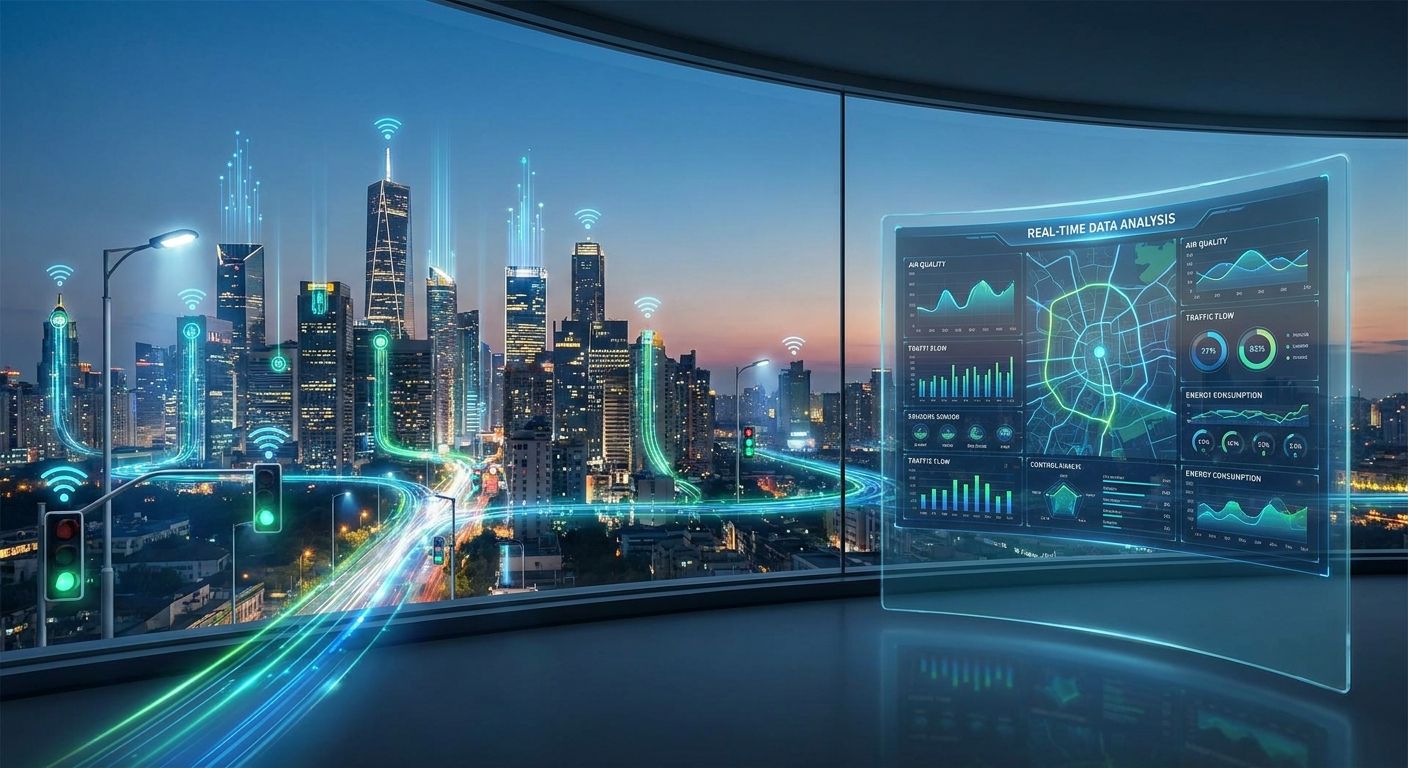 Futuristic city with data connections and a transparent screen displaying real-time analytics.