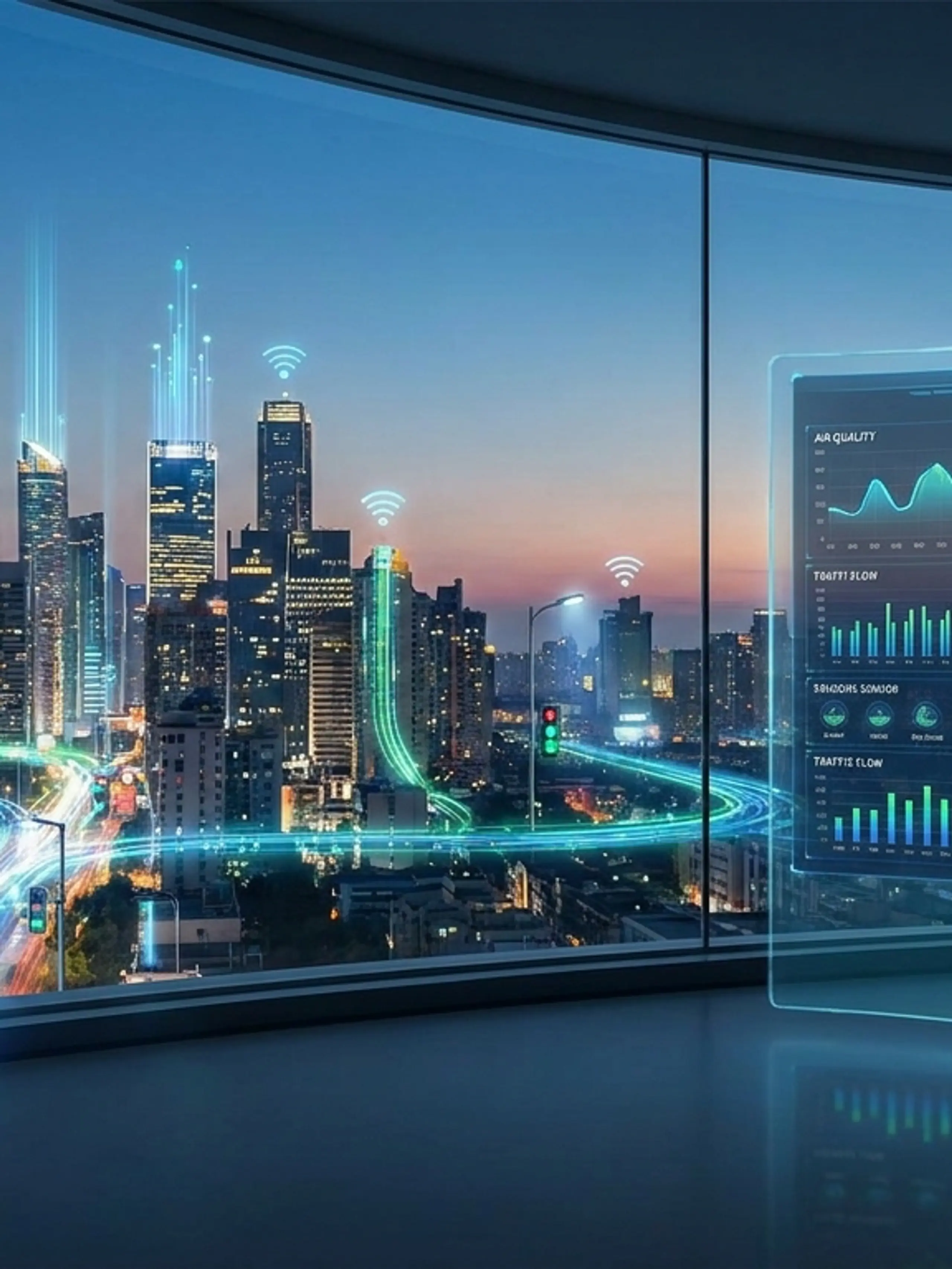 Futuristic city with data connections and a transparent screen displaying real-time analytics.