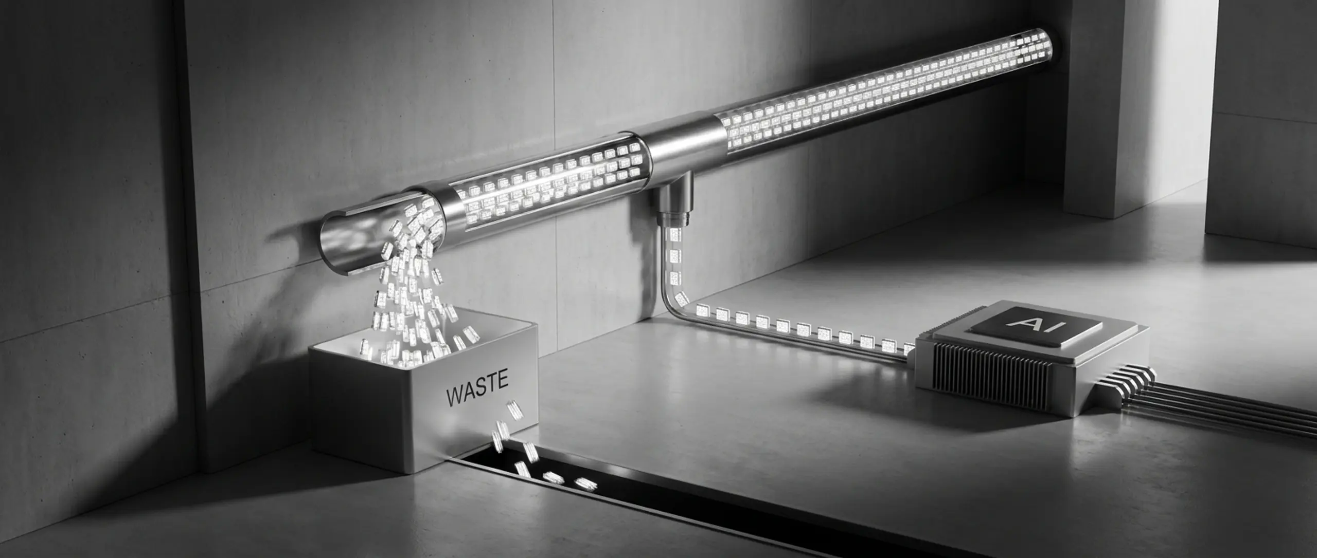 Monochrome image of a pipe pouring glowing capsules into a "WASTE" box, connected by a glowing line to an "AI" chip.