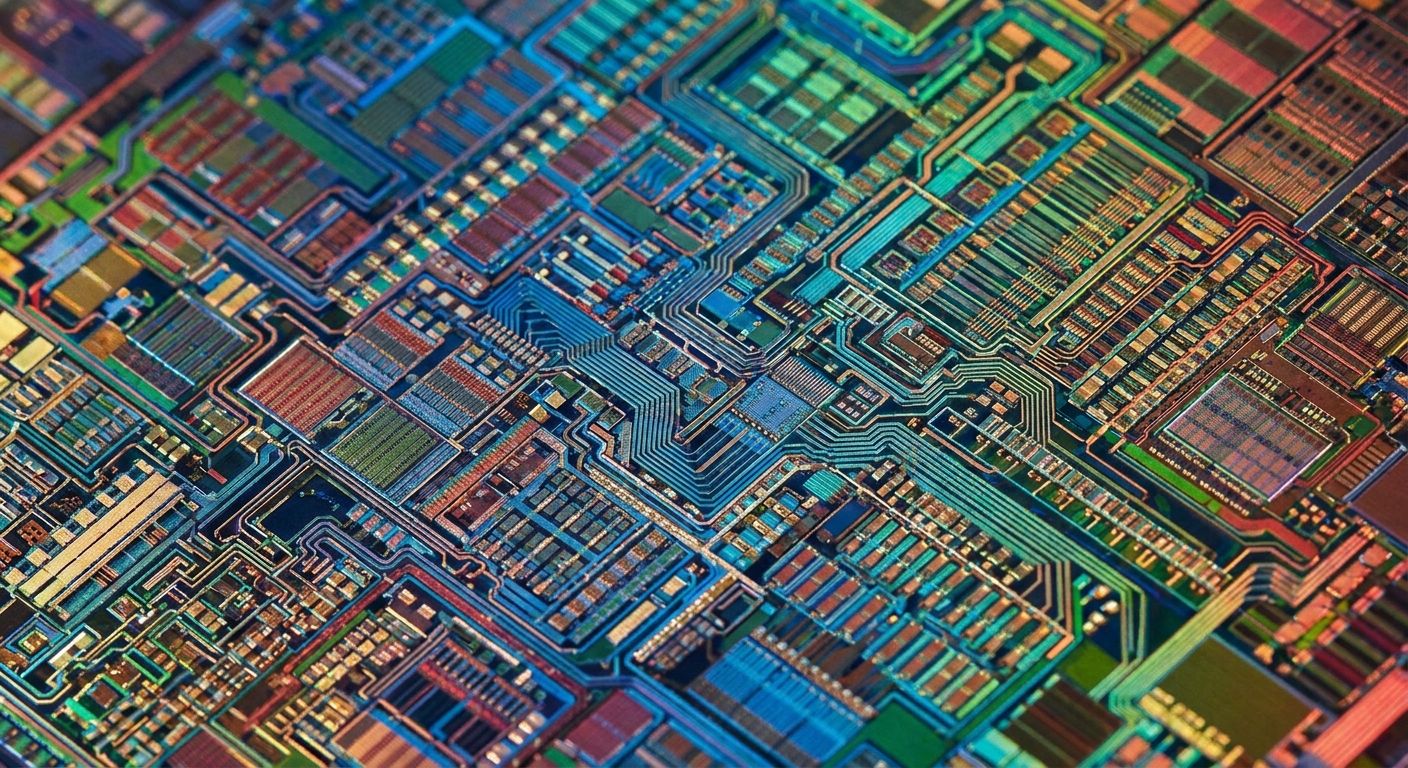 A colorful, close-up view of an intricate computer chip's circuitry.