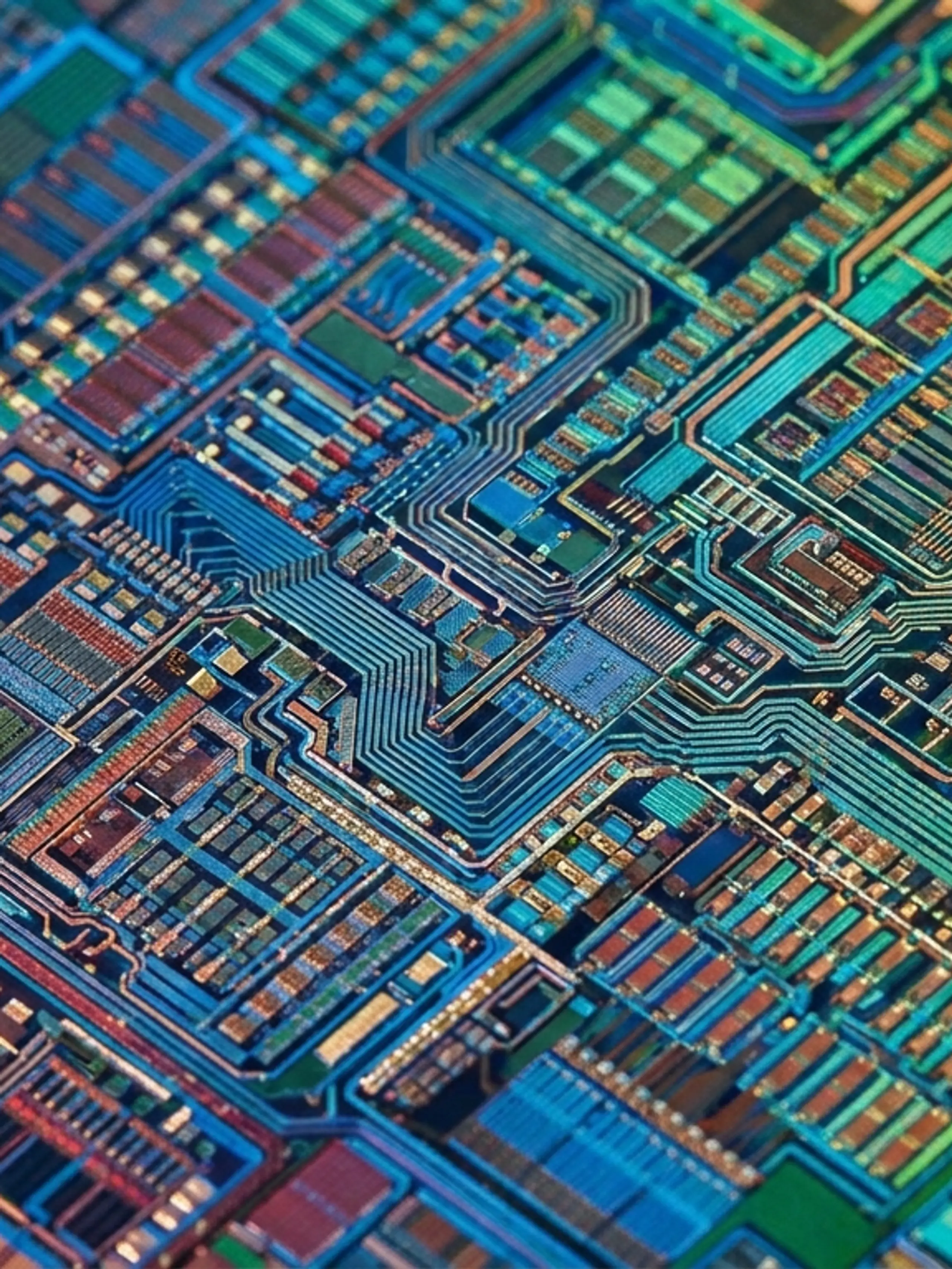 A colorful, close-up view of an intricate computer chip's circuitry.