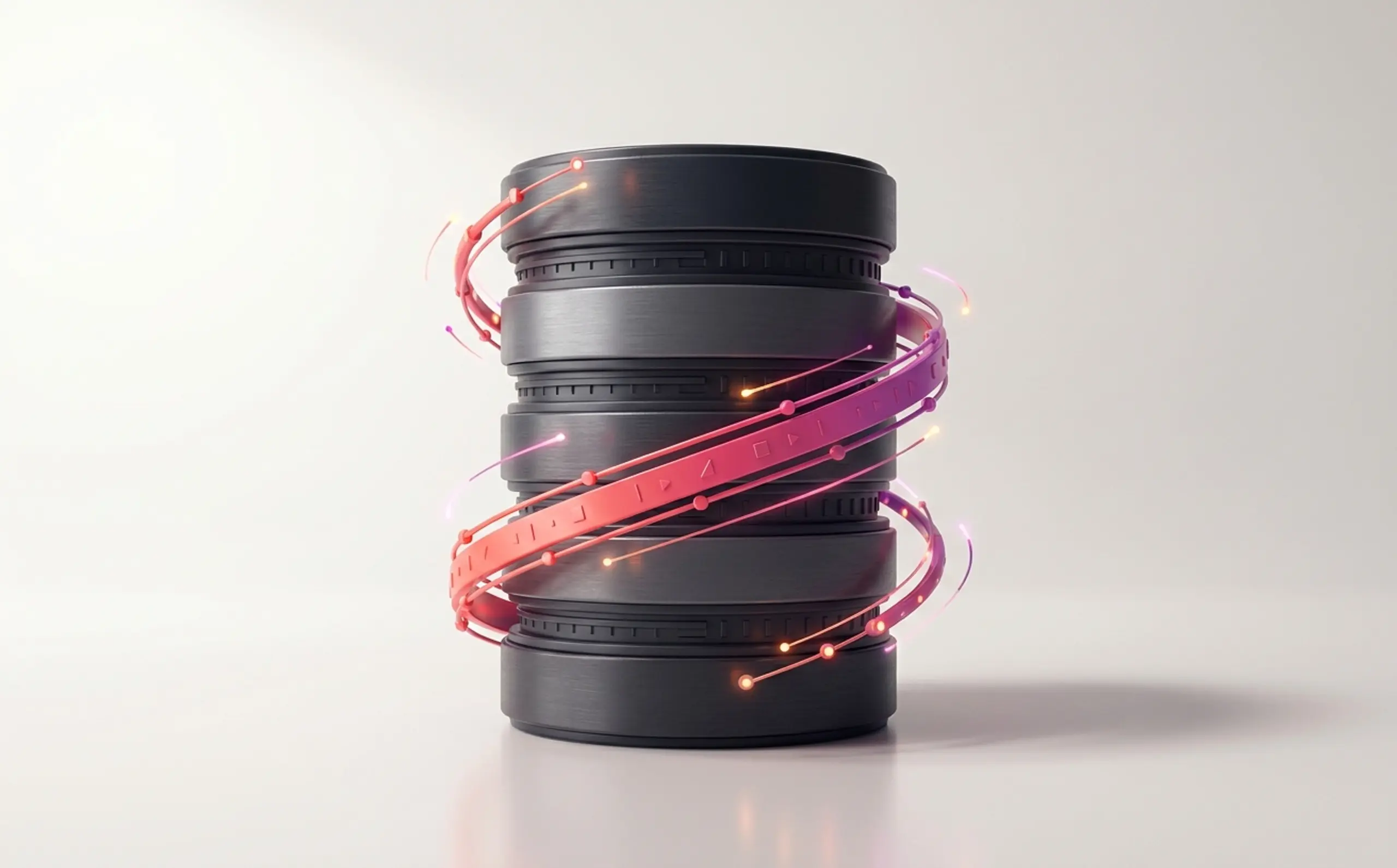 Stylized database stack with a glowing red and purple data ribbon.