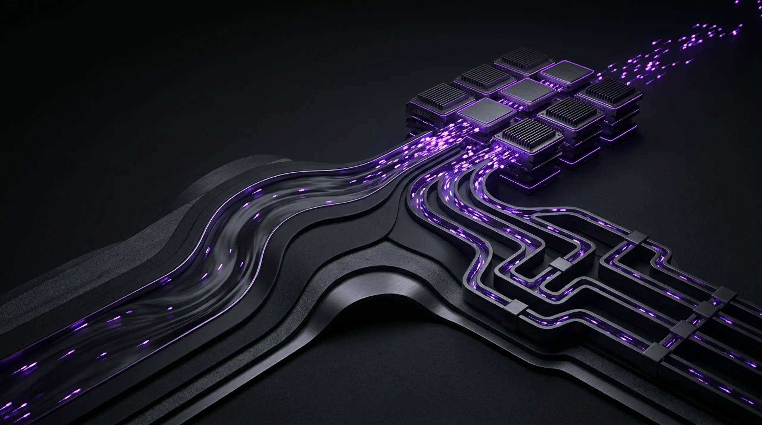 Abstract purple data streams flow through dark, intricate circuits connecting to processor chips.
