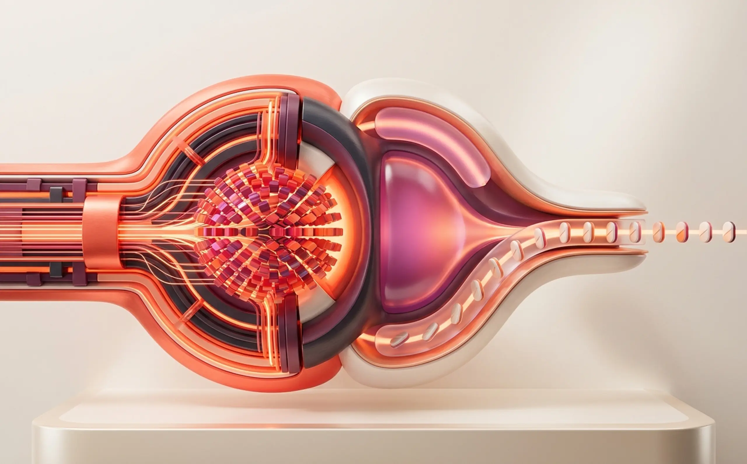 A stylized cross-section of an advanced mechanism with glowing orange conduits, a spherical core, and a radiant purple chamber.