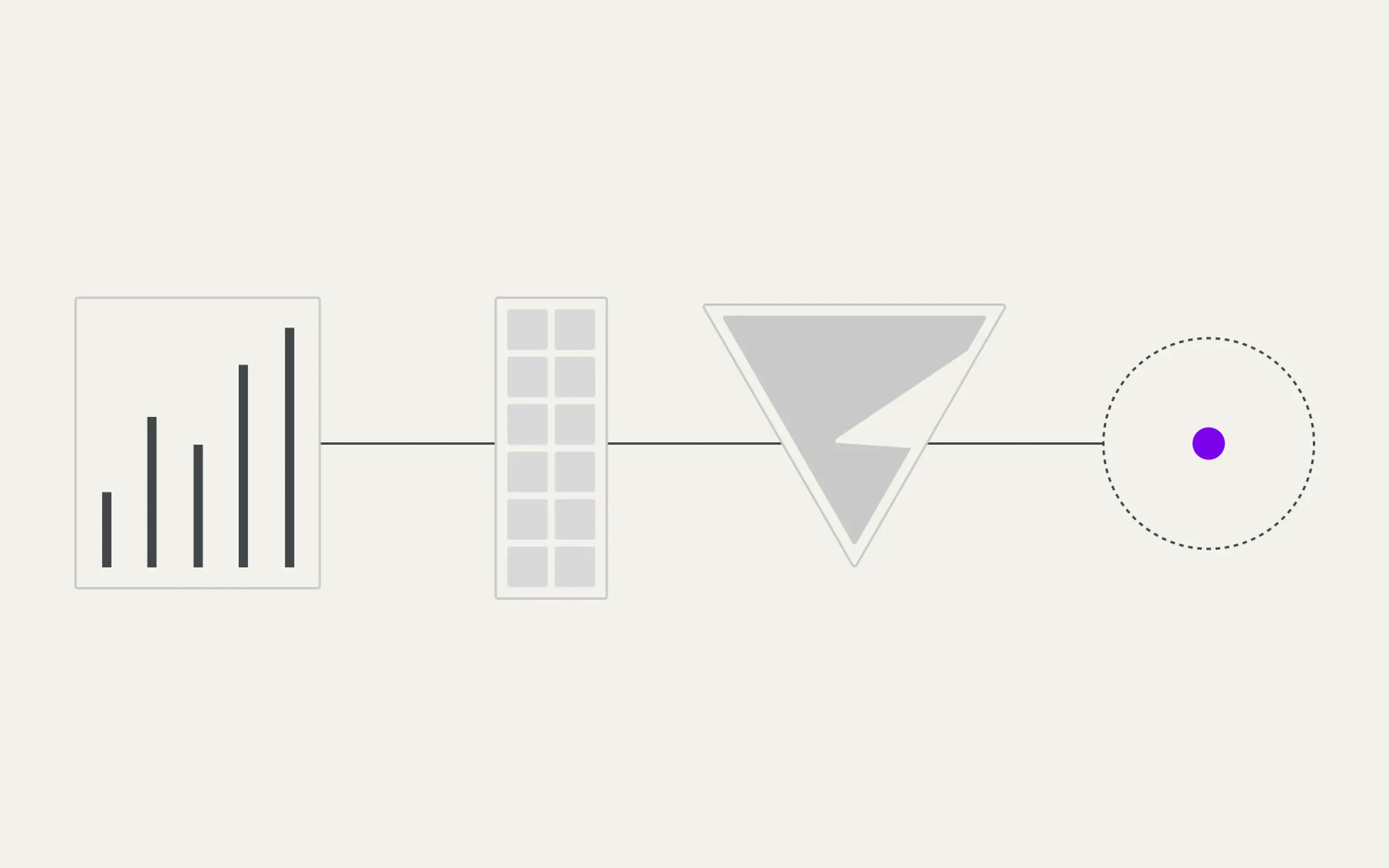 Separated geometric data silos connect through interrupted pipeline lines to a unified AI context node marked by a single purple dot.